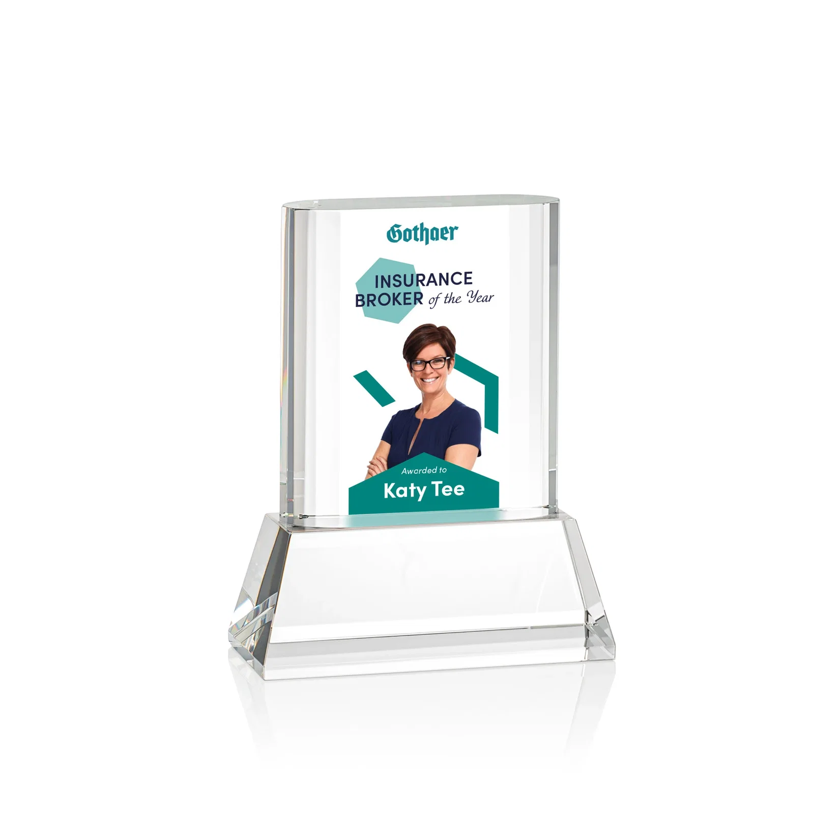 Branded Optical Crystal Award with Stepped Faceted Sides on Tall Tapered Base, awards for employee recognition