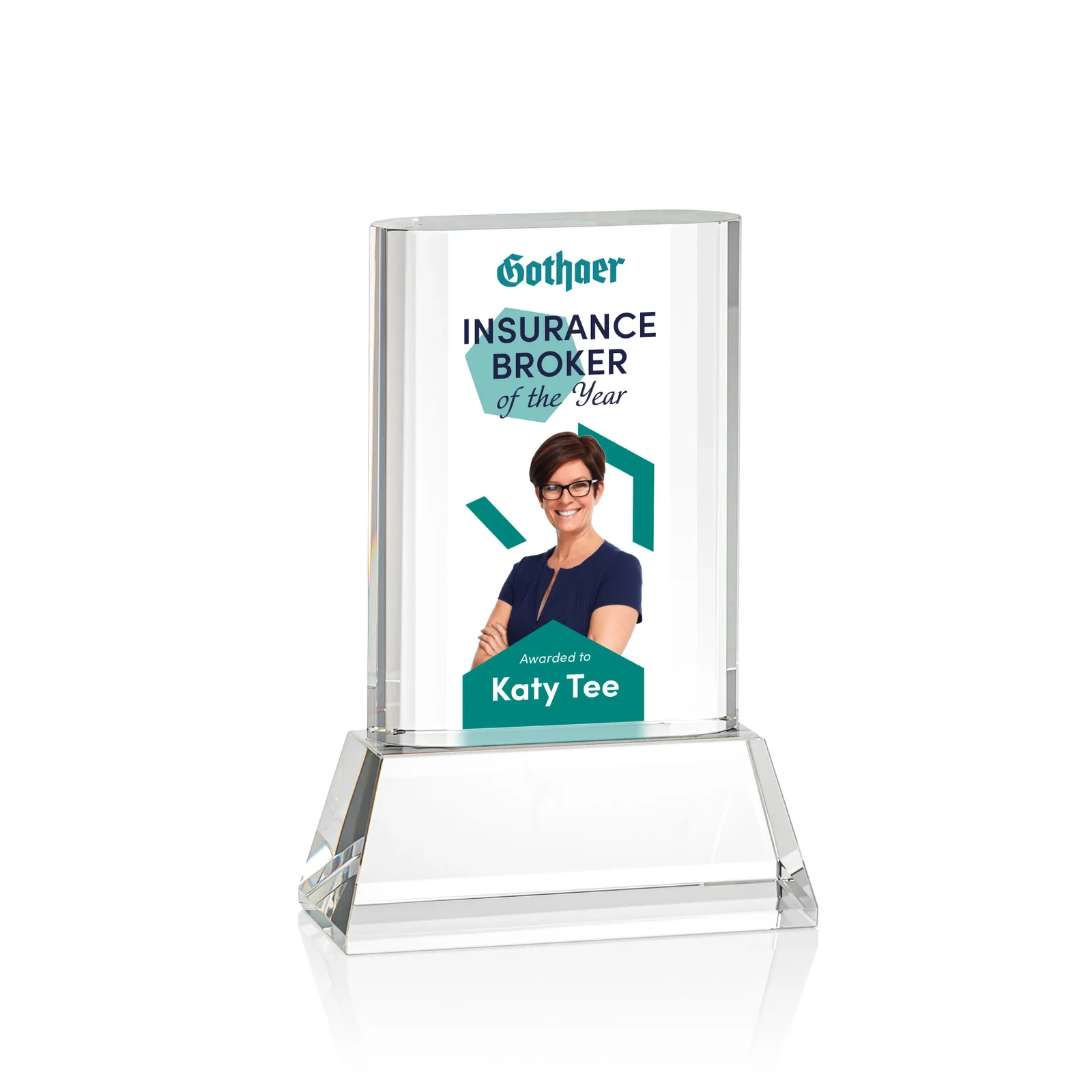 Branded Optical Crystal Award with Stepped Faceted Sides on Tall Tapered Base, awards for corporate award ceremonies
