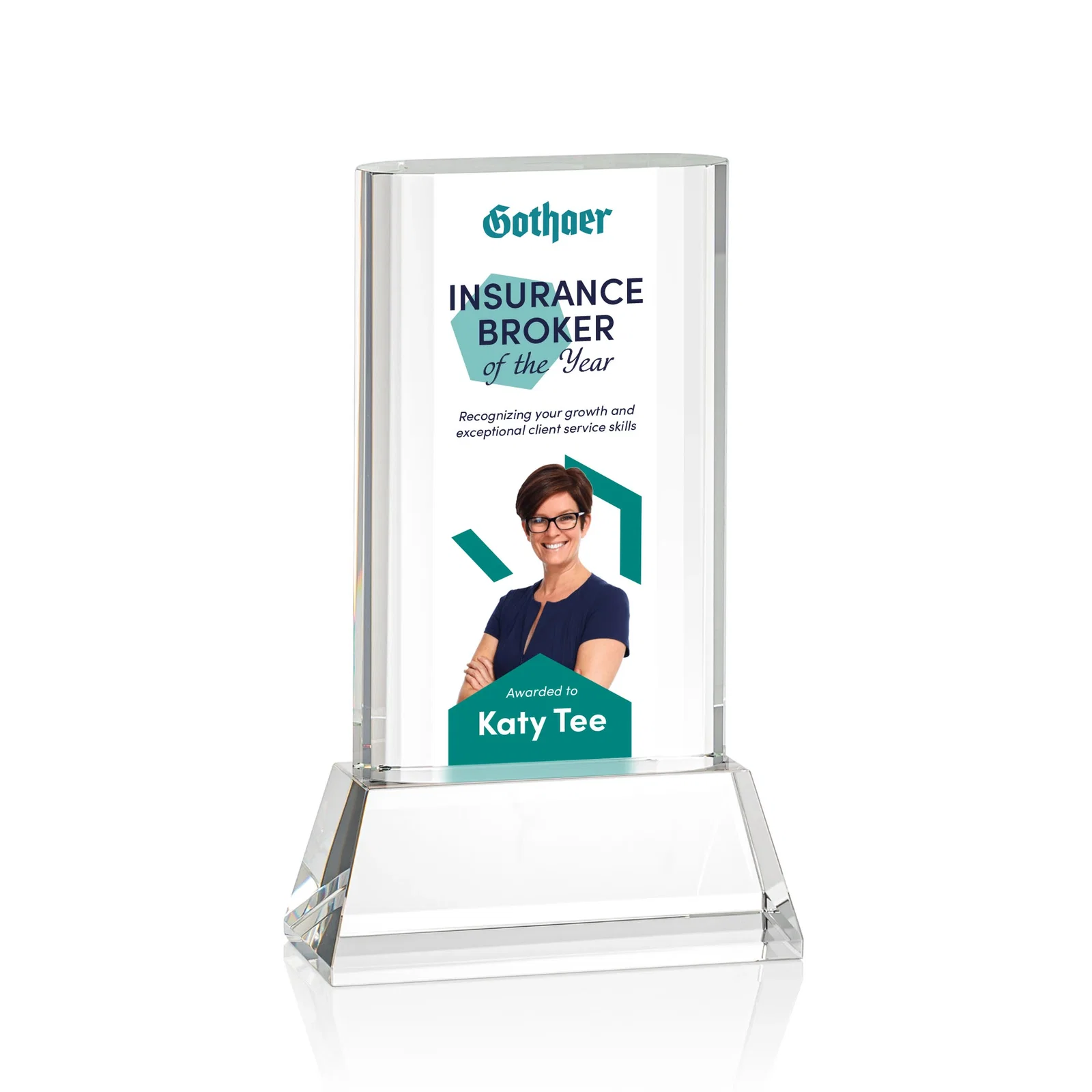 Branded Optical Crystal Award with Stepped Faceted Sides on Tall Tapered Base, awards for service anniversary gifts