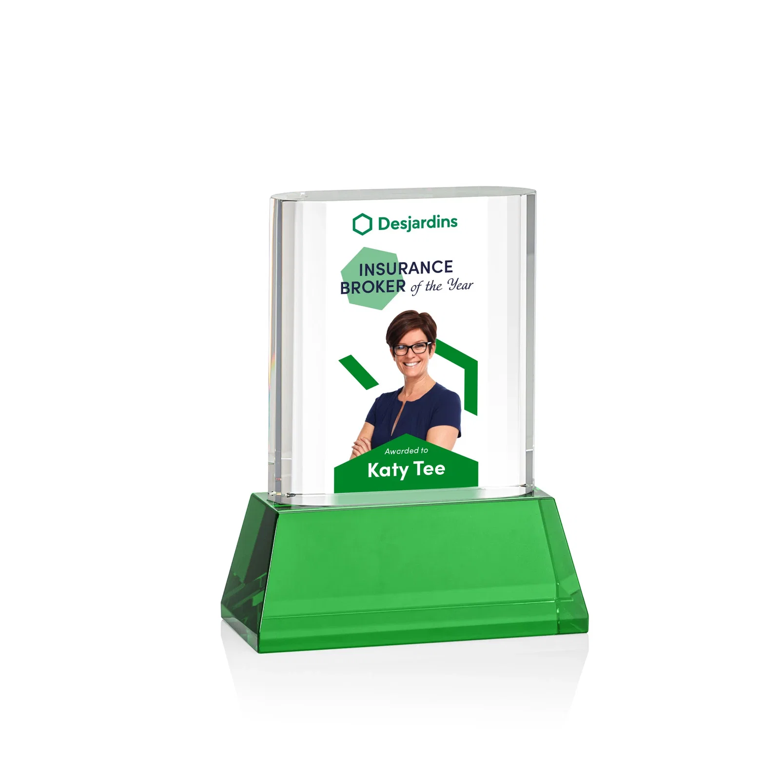 Branded Optical Crystal Award with Stepped Faceted Sides on Tall Tapered Base, awards for retirement presentations