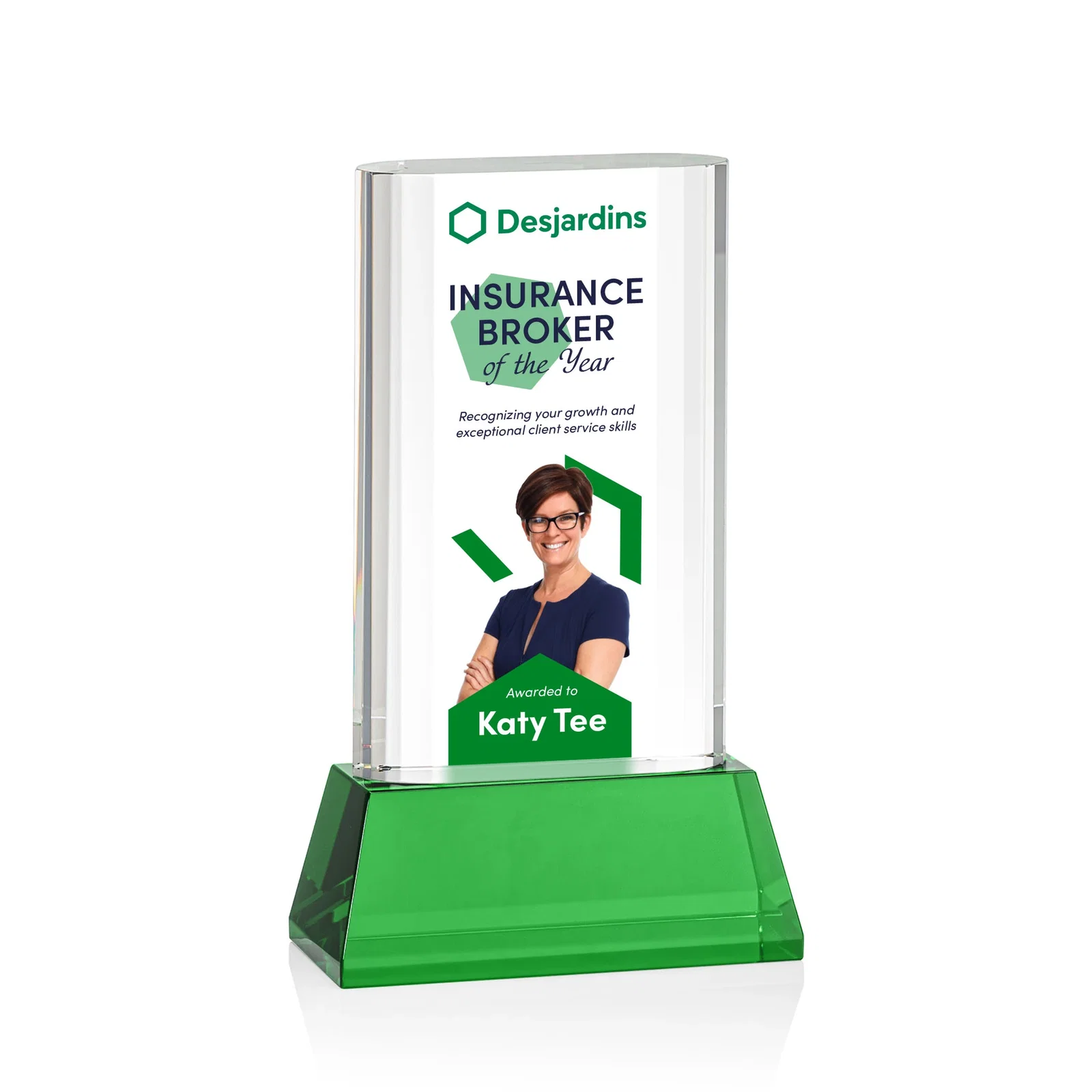 Branded Optical Crystal Award with Stepped Faceted Sides on Tall Tapered Base, awards for donor appreciation