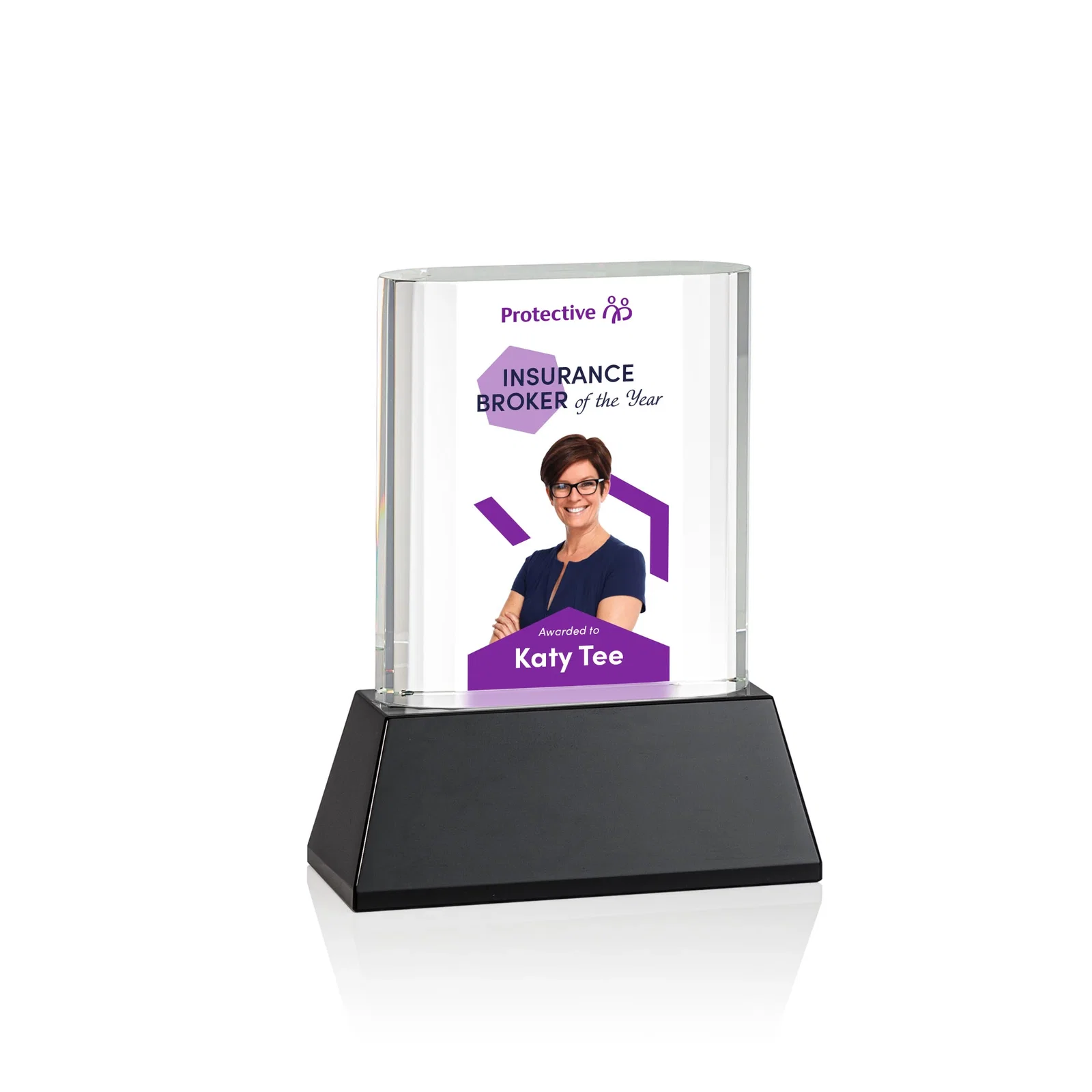 Branded Optical Crystal Award with Stepped Faceted Sides on Tall Tapered Base, awards for safety achievement programs