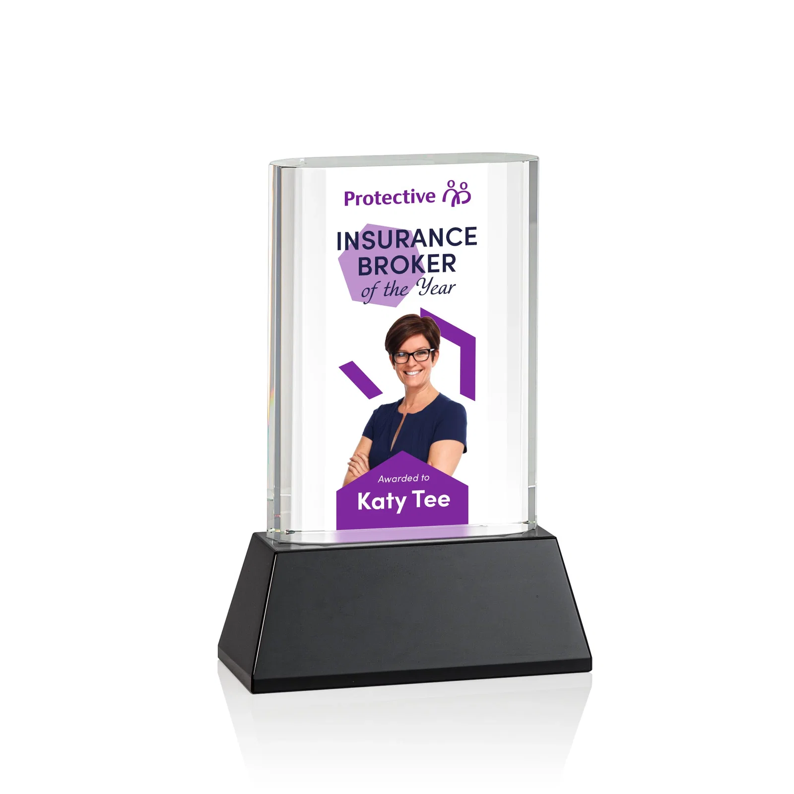 Branded Optical Crystal Award with Stepped Faceted Sides on Tall Tapered Base, awards for volunteer appreciation