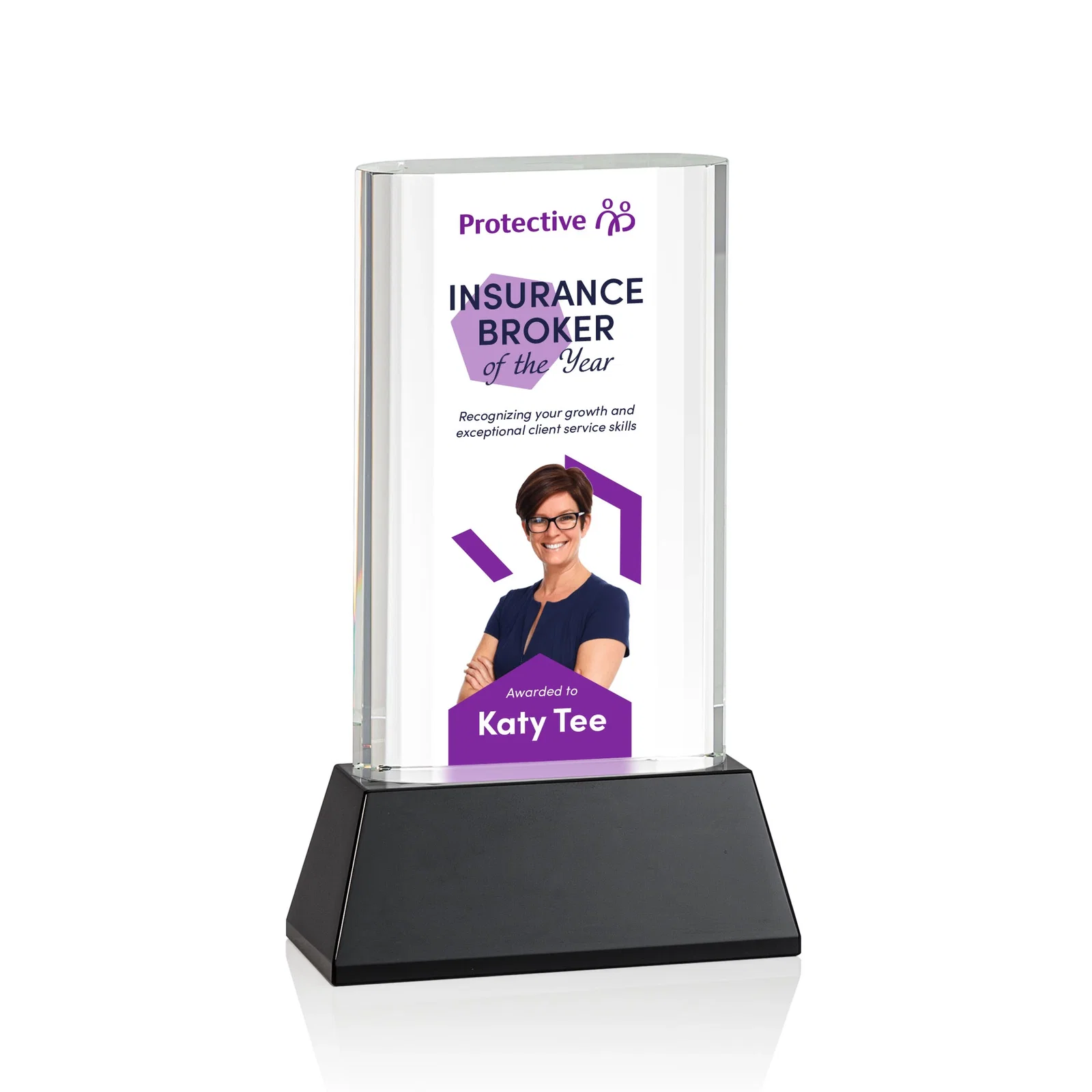 Branded Optical Crystal Award with Stepped Faceted Sides on Tall Tapered Base, awards for dealer and partner awards