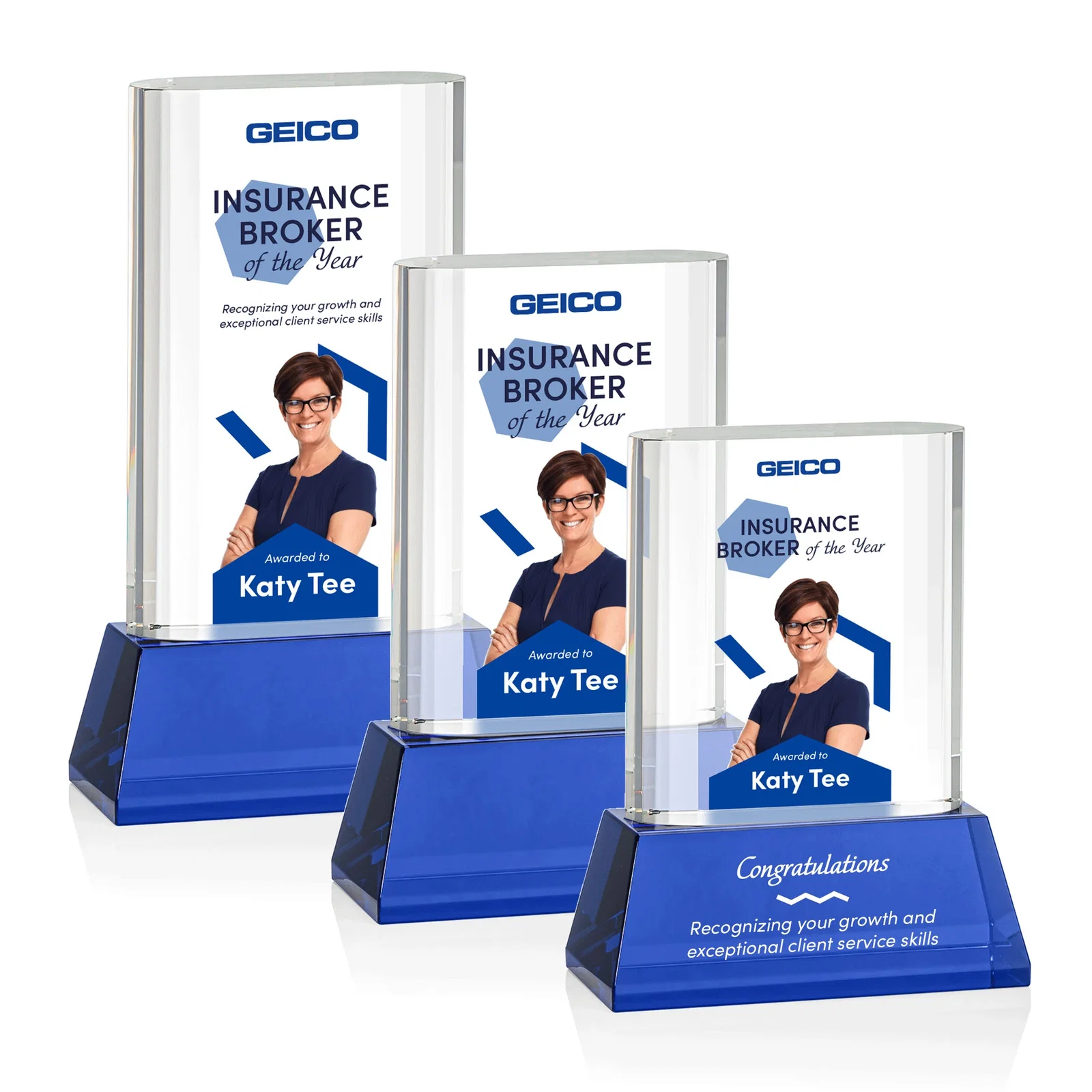 Branded Optical Crystal Award with Stepped Faceted Sides on Tall Tapered Base, awards for company anniversary events