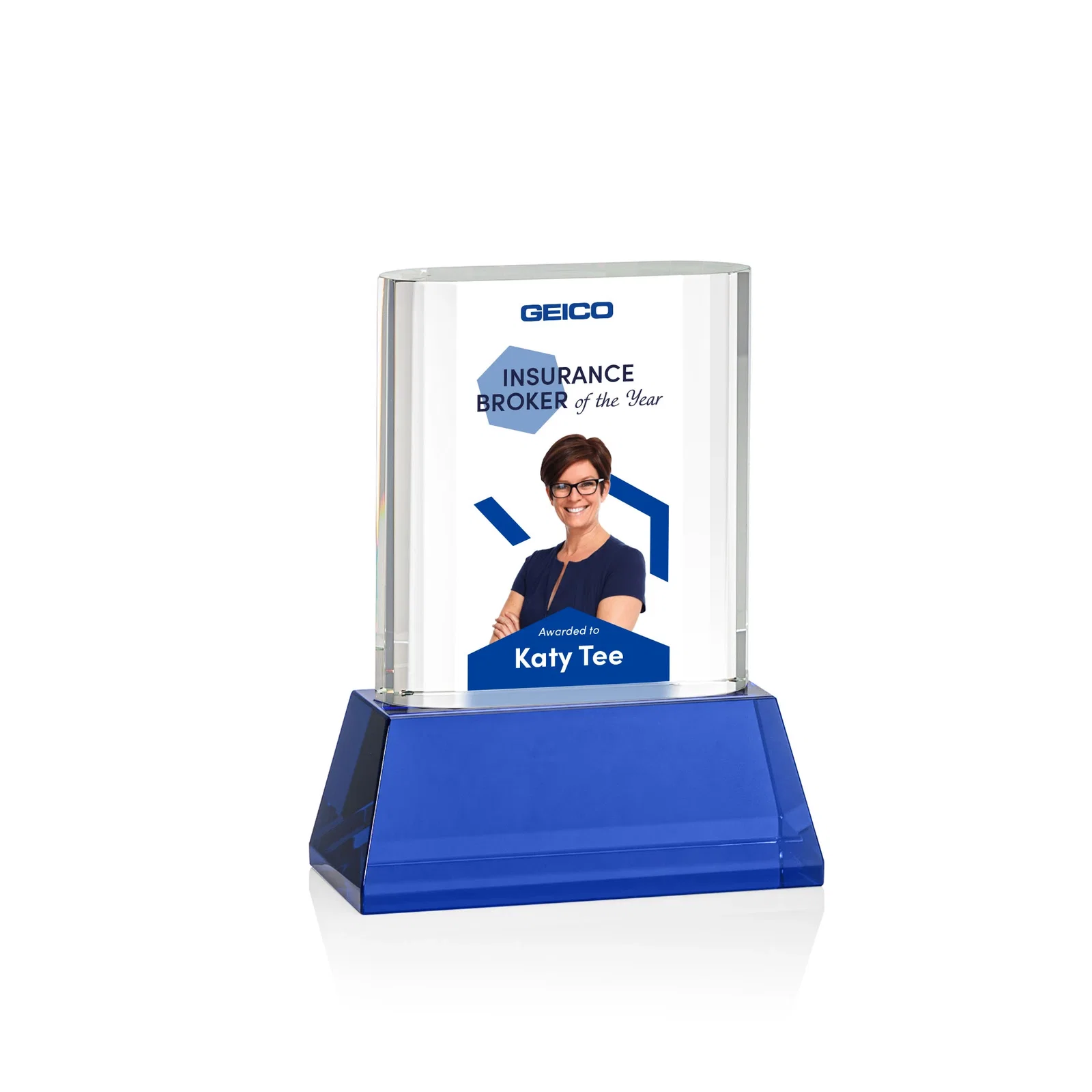 Custom printed Optical Crystal Award with Stepped Faceted Sides on Tall Tapered Base, awards for employee recognition
