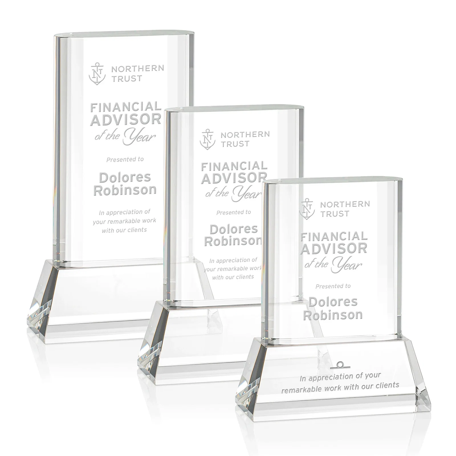 Custom Optical Crystal Award with Stepped Faceted Sides on Tall Tapered Base, awards for retirement presentations
