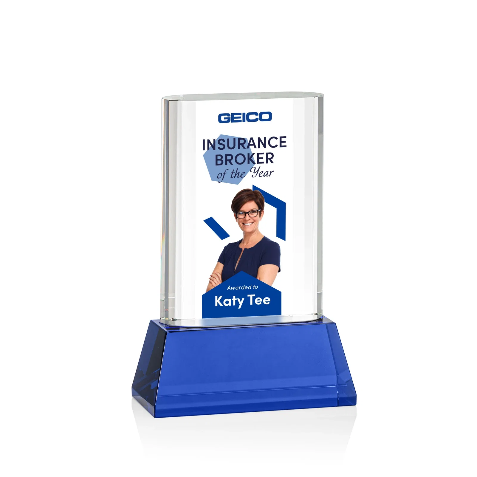Custom printed Optical Crystal Award with Stepped Faceted Sides on Tall Tapered Base, awards for corporate award ceremonies