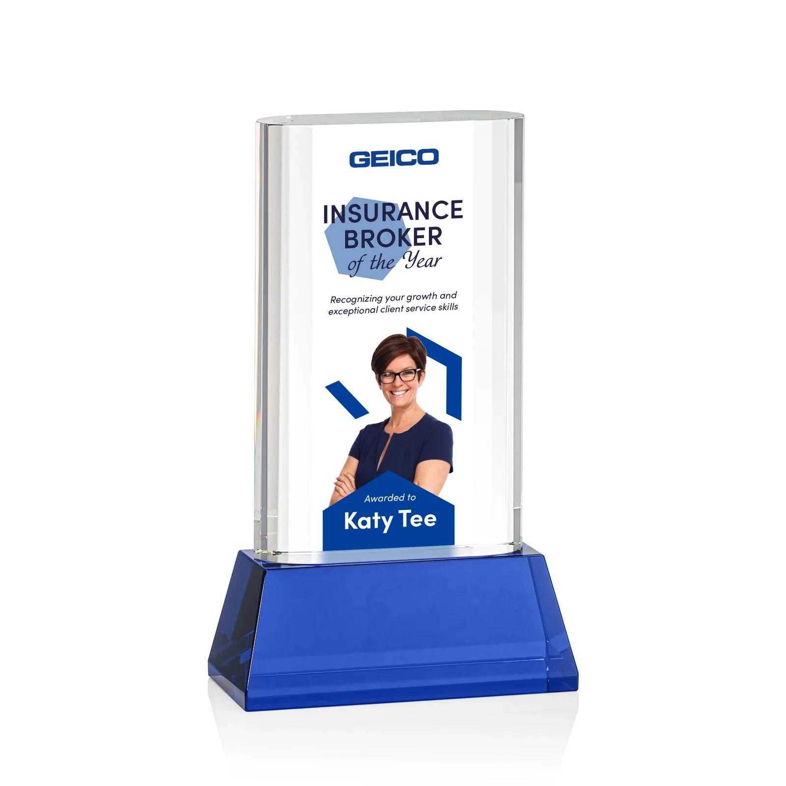Custom printed Optical Crystal Award with Stepped Faceted Sides on Tall Tapered Base, awards for service anniversary gifts