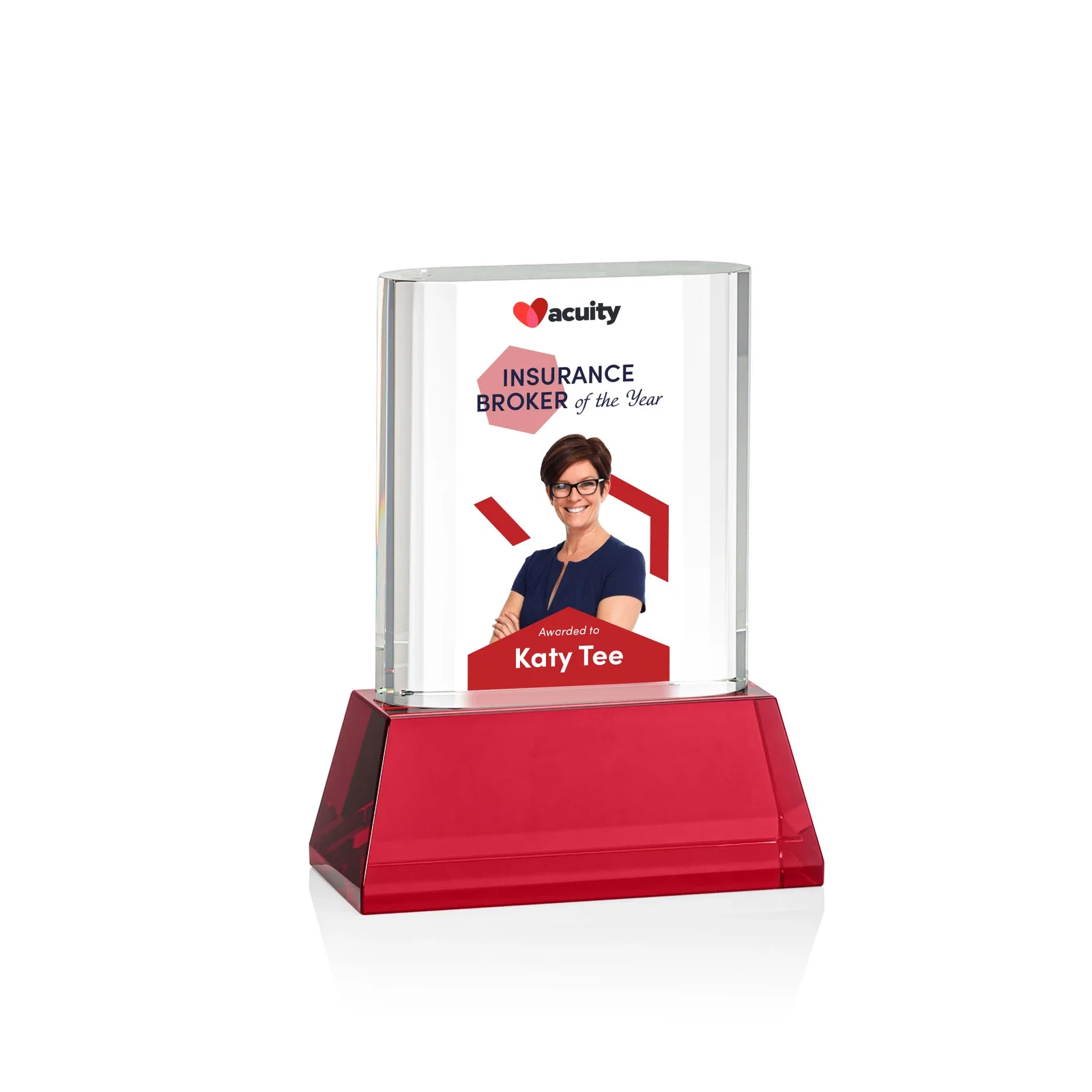 Custom printed Optical Crystal Award with Stepped Faceted Sides on Tall Tapered Base, awards for retirement presentations