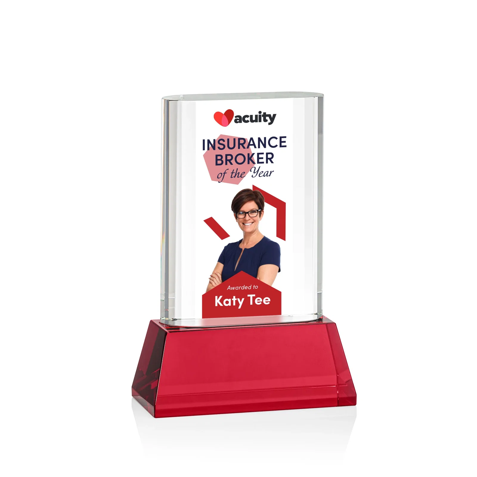 Custom printed Optical Crystal Award with Stepped Faceted Sides on Tall Tapered Base, awards for team milestone celebrations