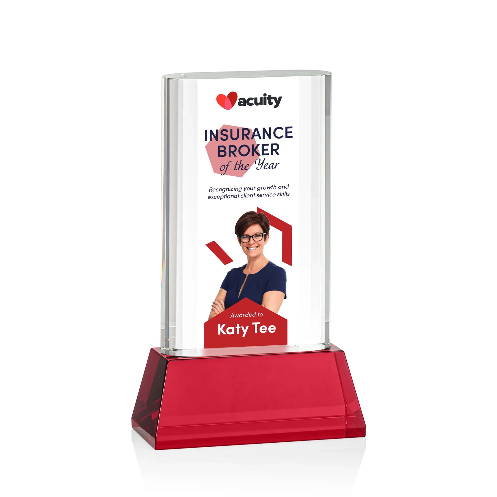 Custom printed Optical Crystal Award with Stepped Faceted Sides on Tall Tapered Base, awards for donor appreciation