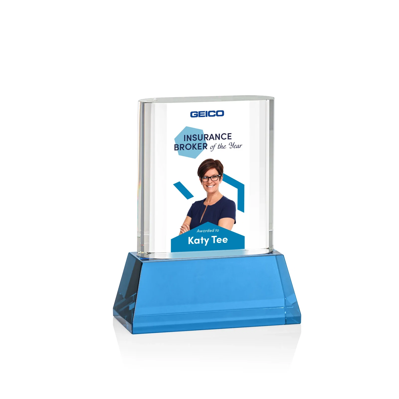 Custom printed Optical Crystal Award with Stepped Faceted Sides on Tall Tapered Base, awards for safety achievement programs
