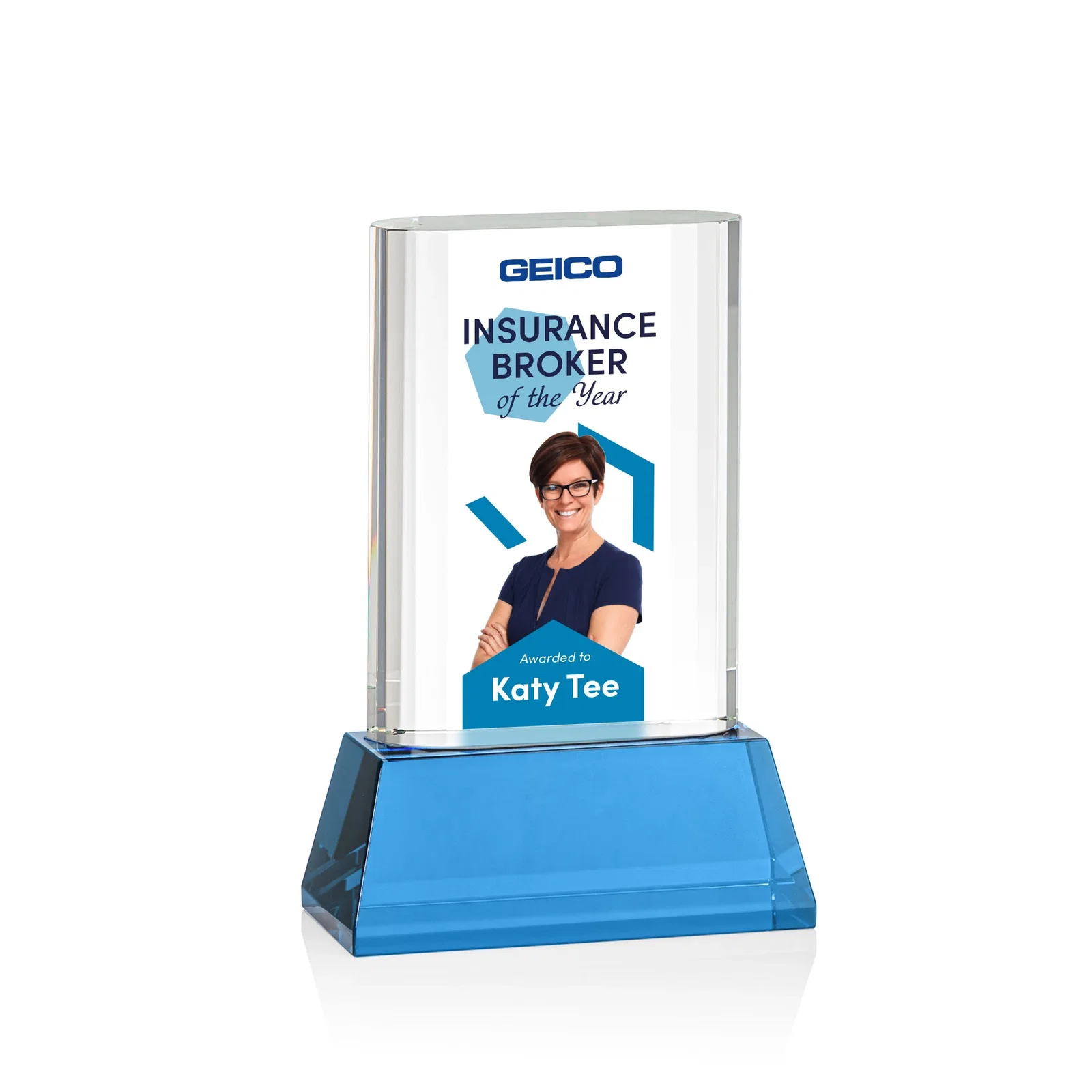 Custom printed Optical Crystal Award with Stepped Faceted Sides on Tall Tapered Base, awards for volunteer appreciation