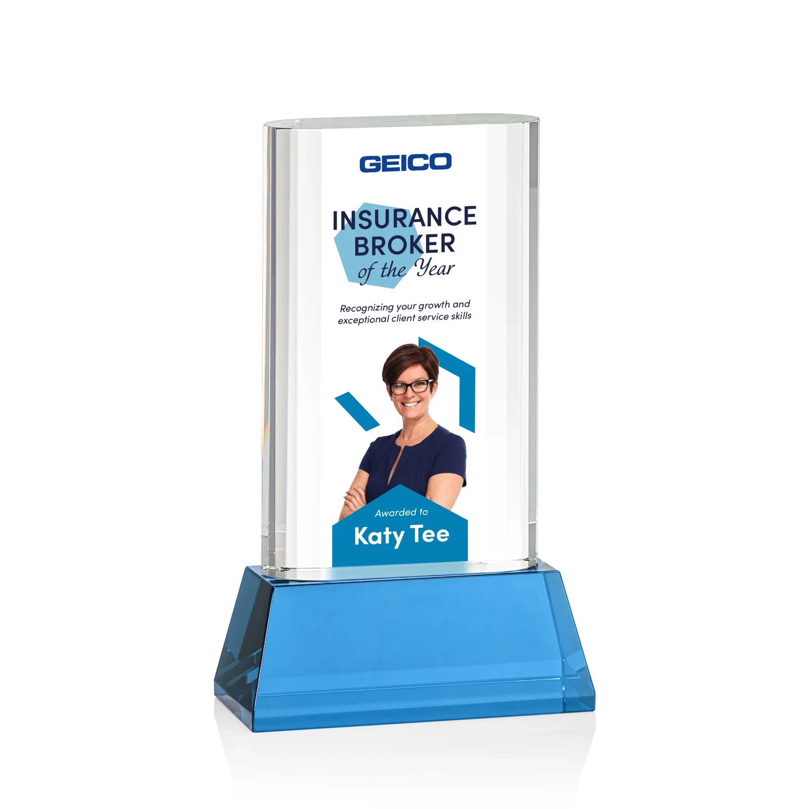 Custom printed Optical Crystal Award with Stepped Faceted Sides on Tall Tapered Base, awards for dealer and partner awards