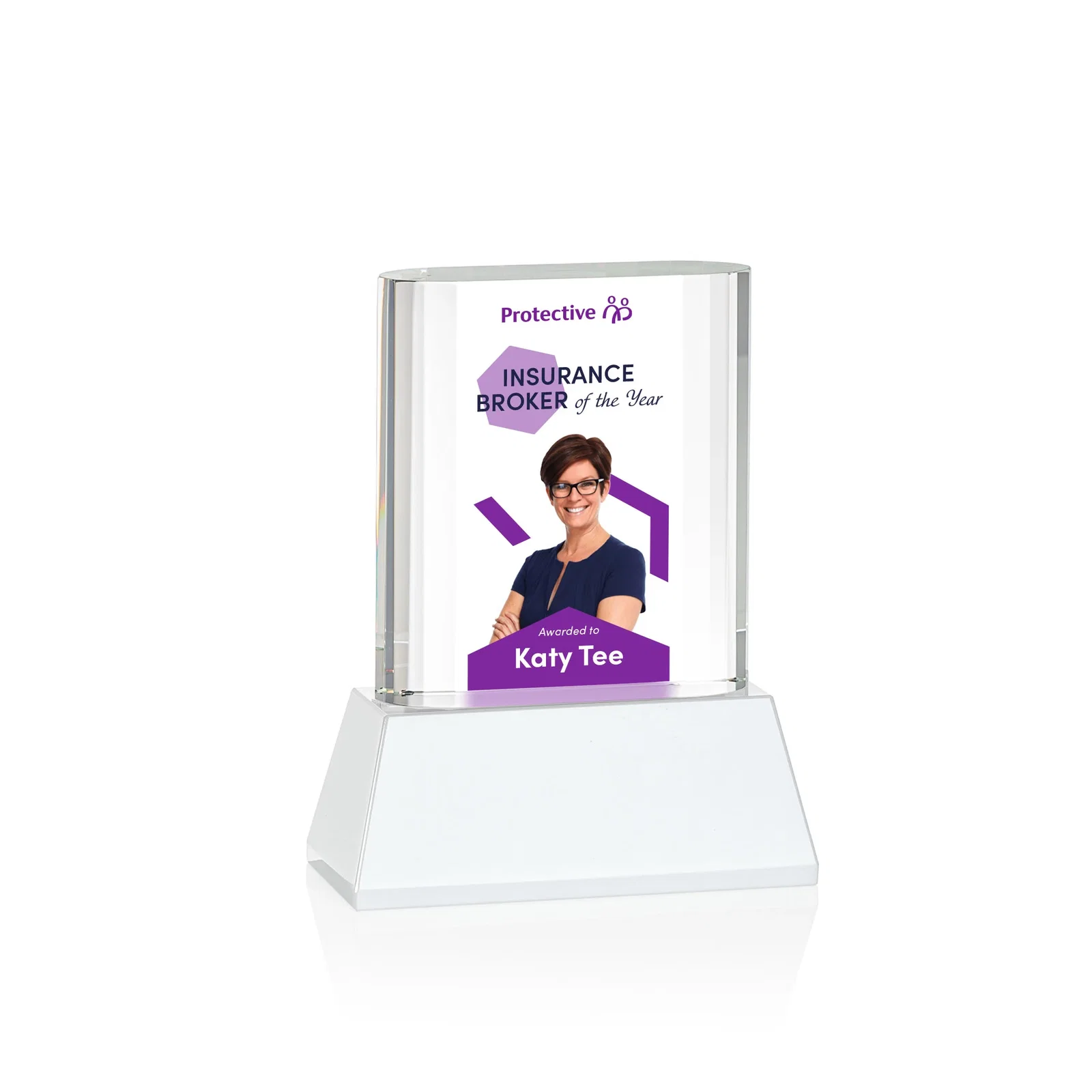 Customized Optical Crystal Award with Stepped Faceted Sides on Tall Tapered Base, awards for employee recognition