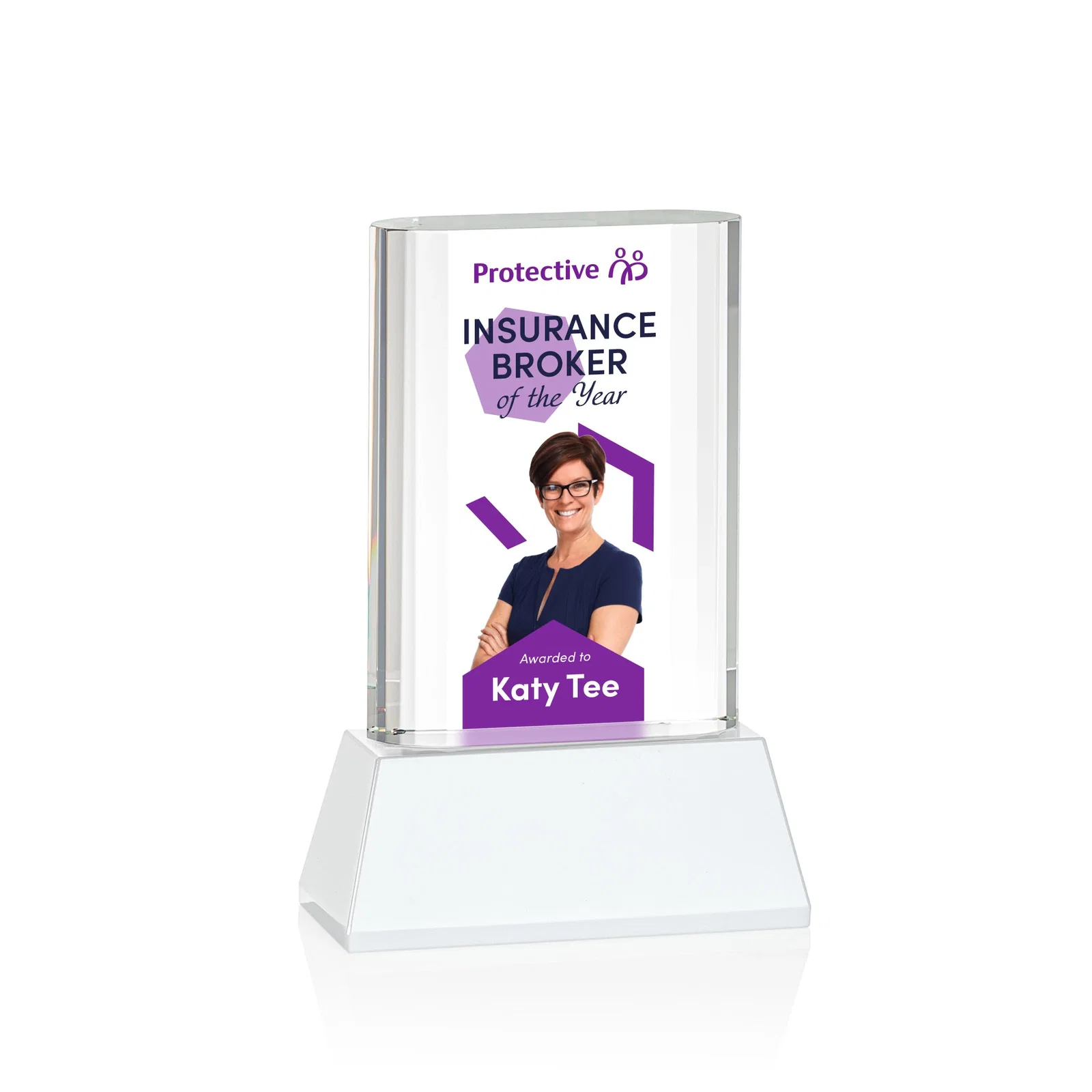 Customized Optical Crystal Award with Stepped Faceted Sides on Tall Tapered Base, awards for corporate award ceremonies