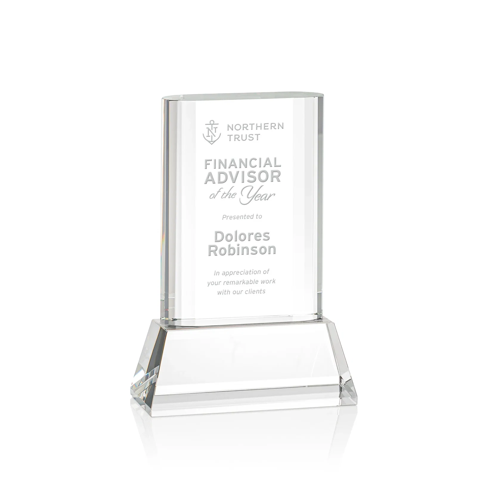 Custom Optical Crystal Award with Stepped Faceted Sides on Tall Tapered Base, awards for donor appreciation