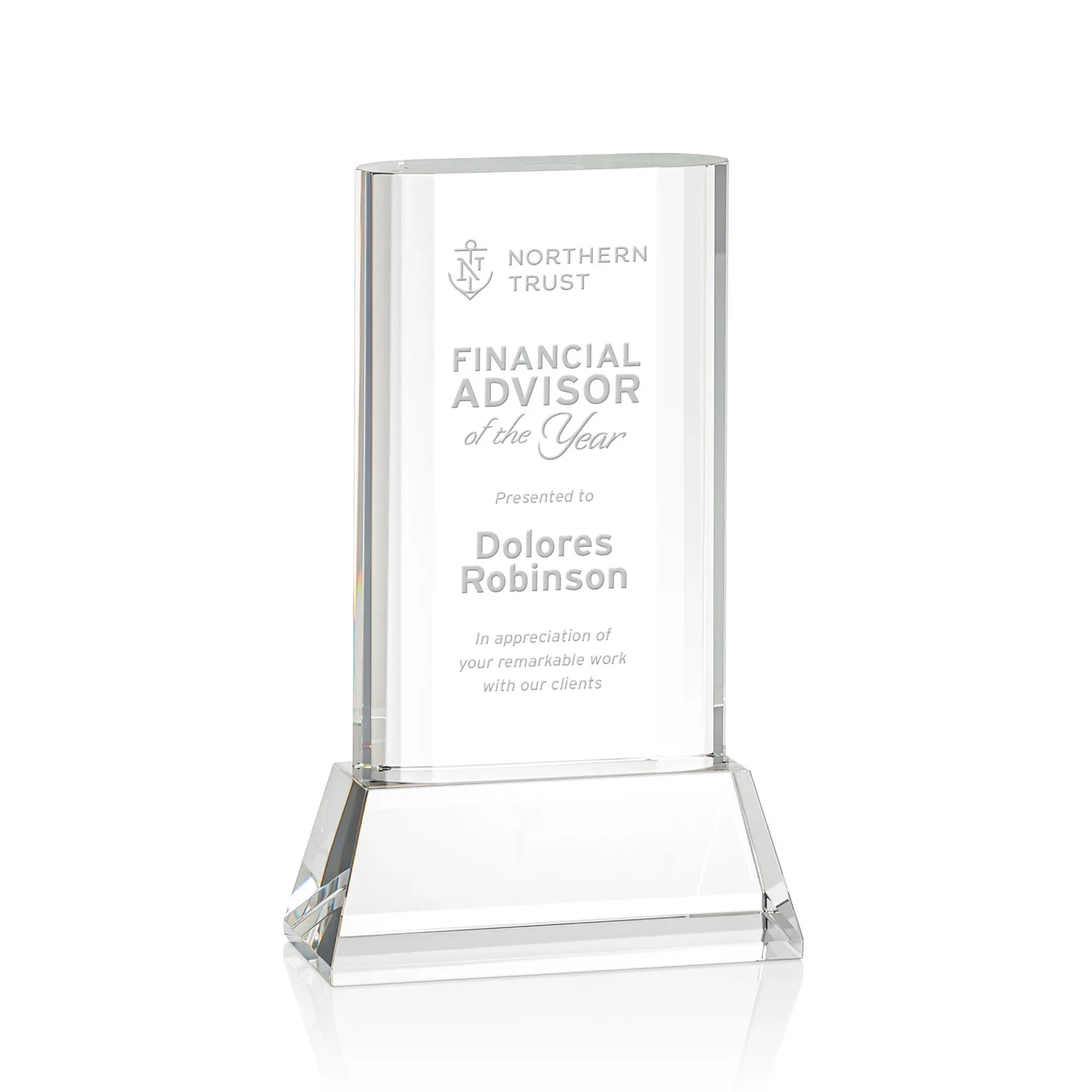 Custom Optical Crystal Award with Stepped Faceted Sides on Tall Tapered Base, awards for graduation ceremonies