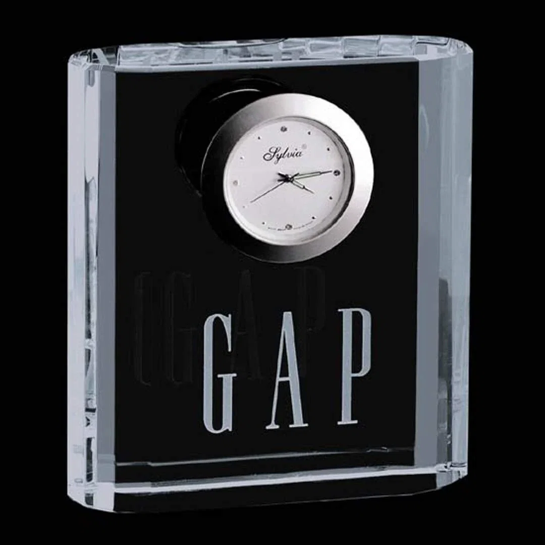 Custom Beveled Optical Crystal Desk Clock for employee recognition