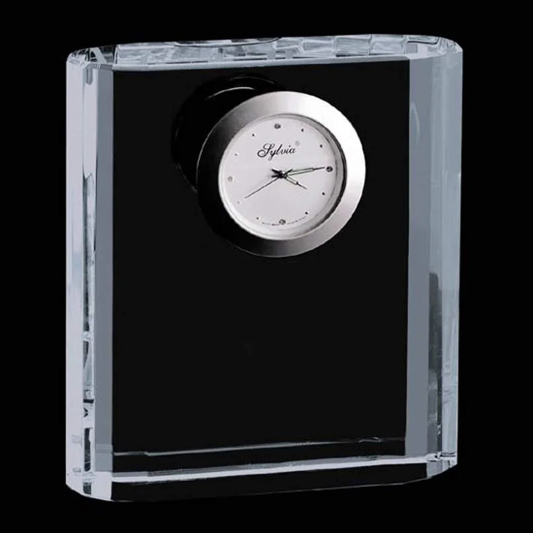Custom Beveled Optical Crystal Desk Clock for corporate award ceremonies