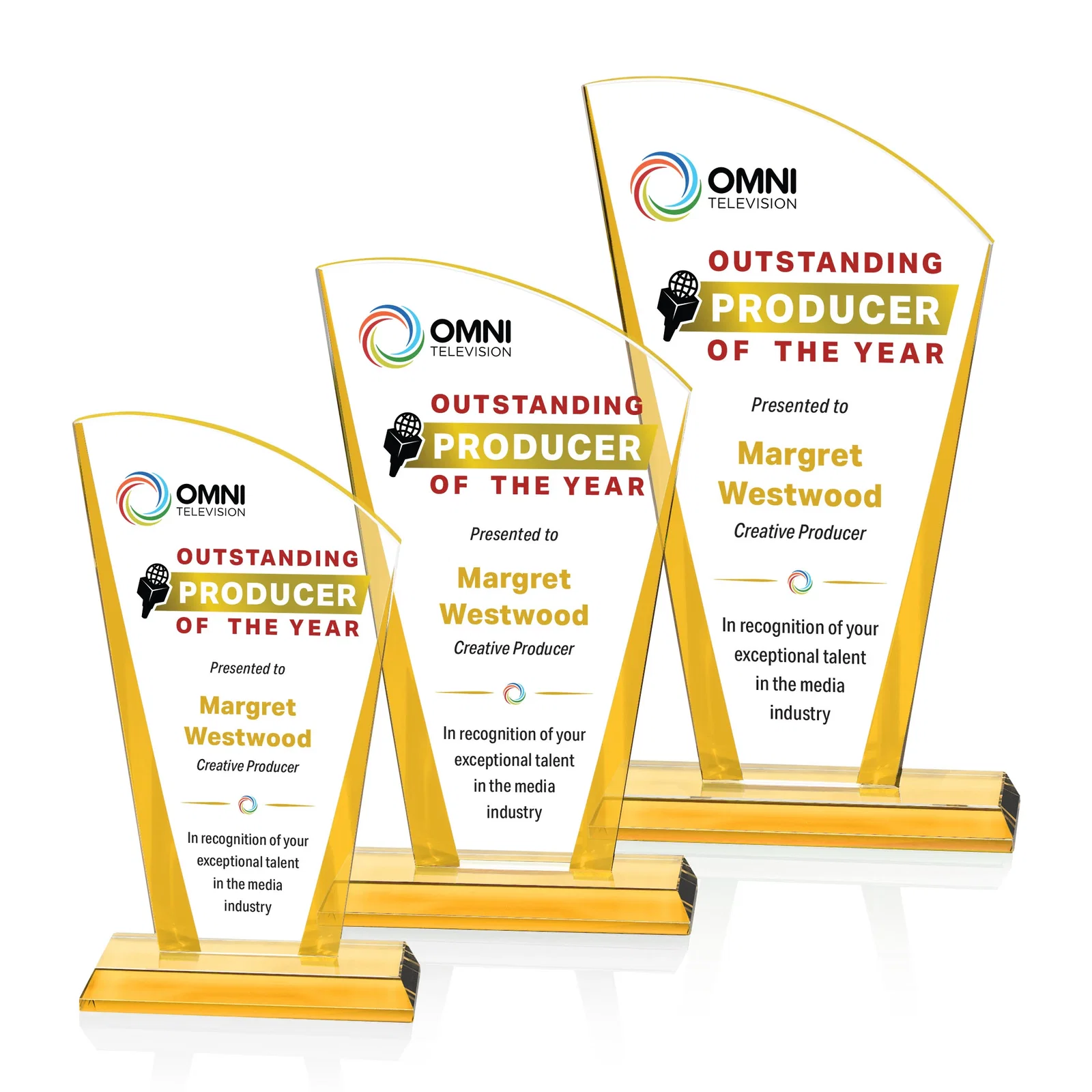 Personalized Starfire Crystal Award with Left-Peak Curved Top and Color Edges, awards for retirement presentations