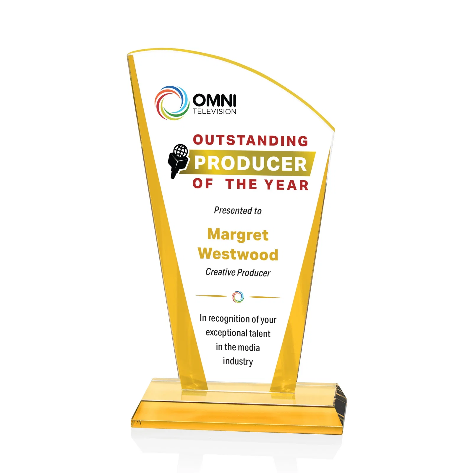 Personalized Starfire Crystal Award with Left-Peak Curved Top and Color Edges, awards for team milestone celebrations