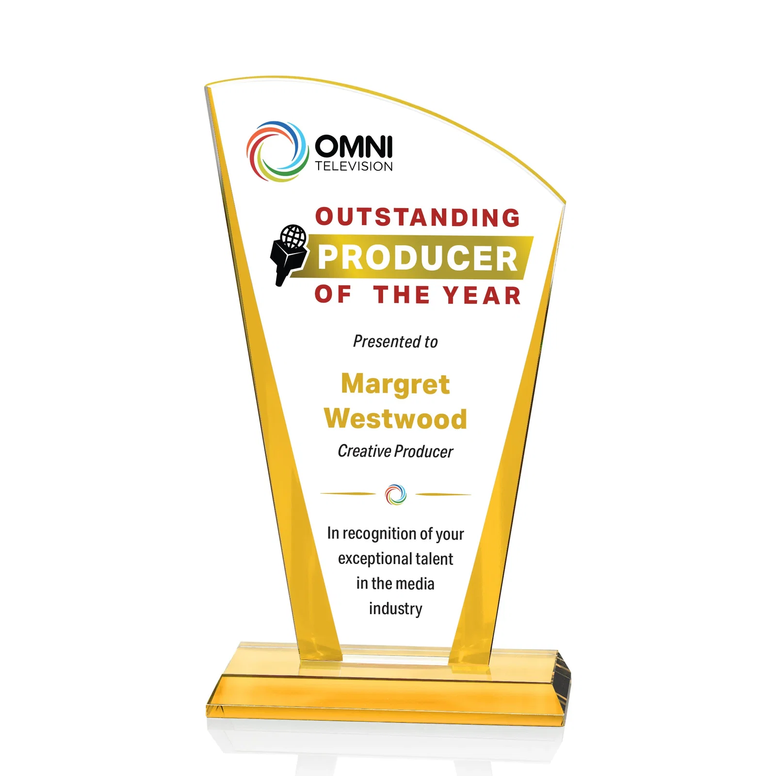 Personalized Starfire Crystal Award with Left-Peak Curved Top and Color Edges, awards for donor appreciation
