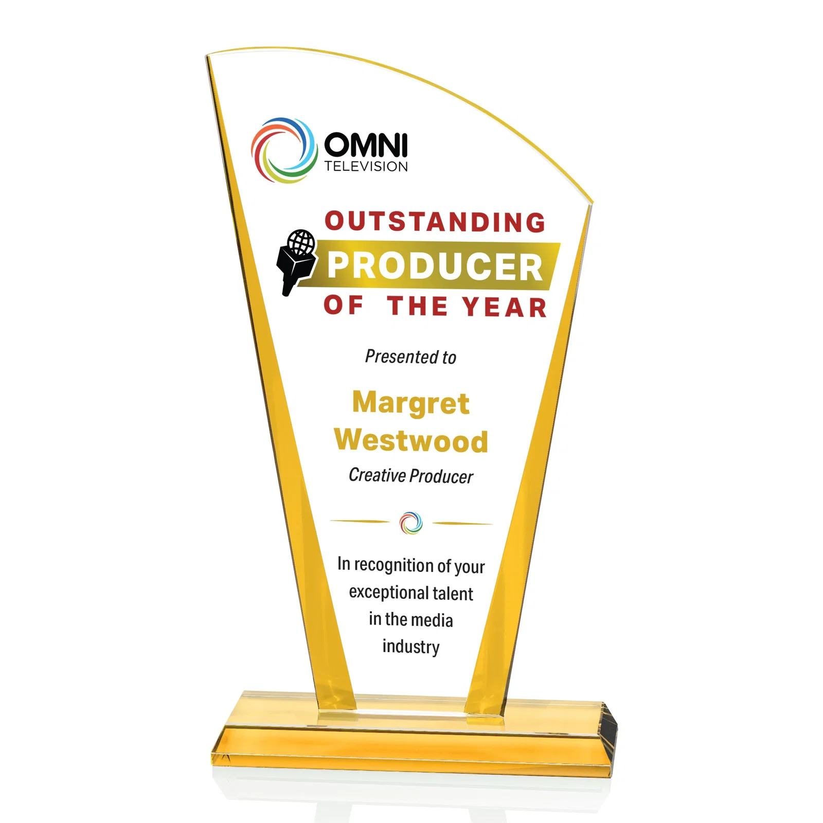 Personalized Starfire Crystal Award with Left-Peak Curved Top and Color Edges, awards for graduation ceremonies