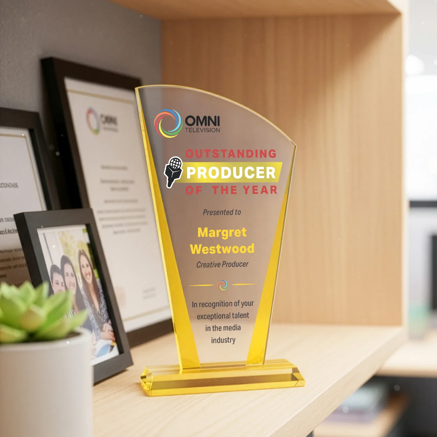 Personalized Starfire Crystal Award with Left-Peak Curved Top and Color Edges, awards for safety achievement programs