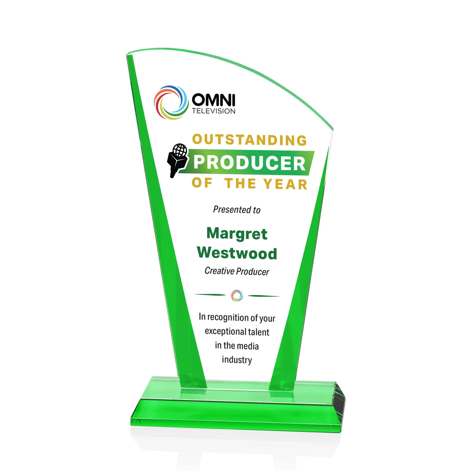 Personalized Starfire Crystal Award with Left-Peak Curved Top and Color Edges, awards for dealer and partner awards