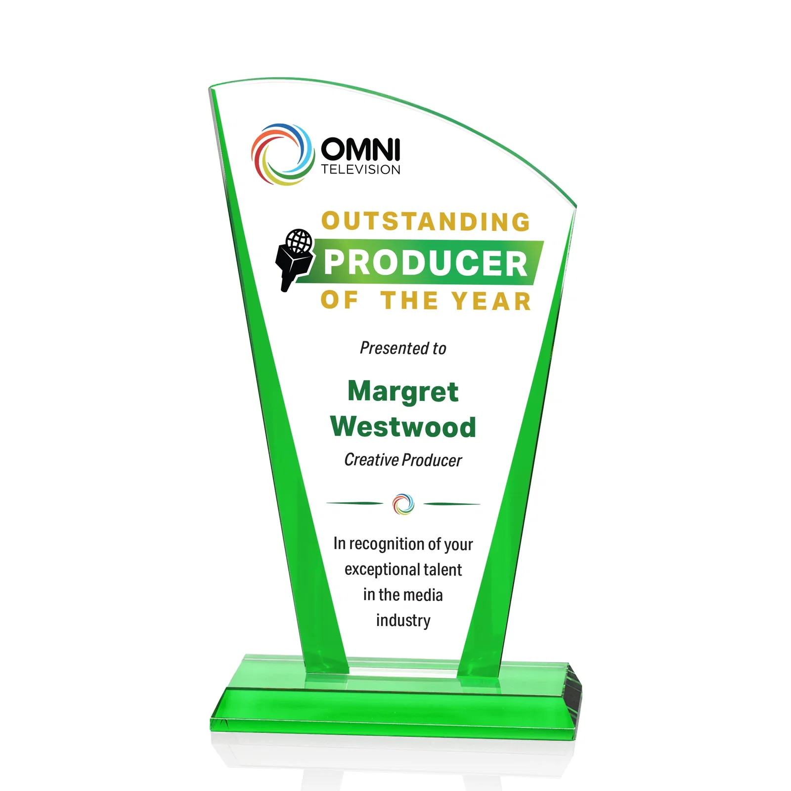 Personalized Starfire Crystal Award with Left-Peak Curved Top and Color Edges, awards for company anniversary events