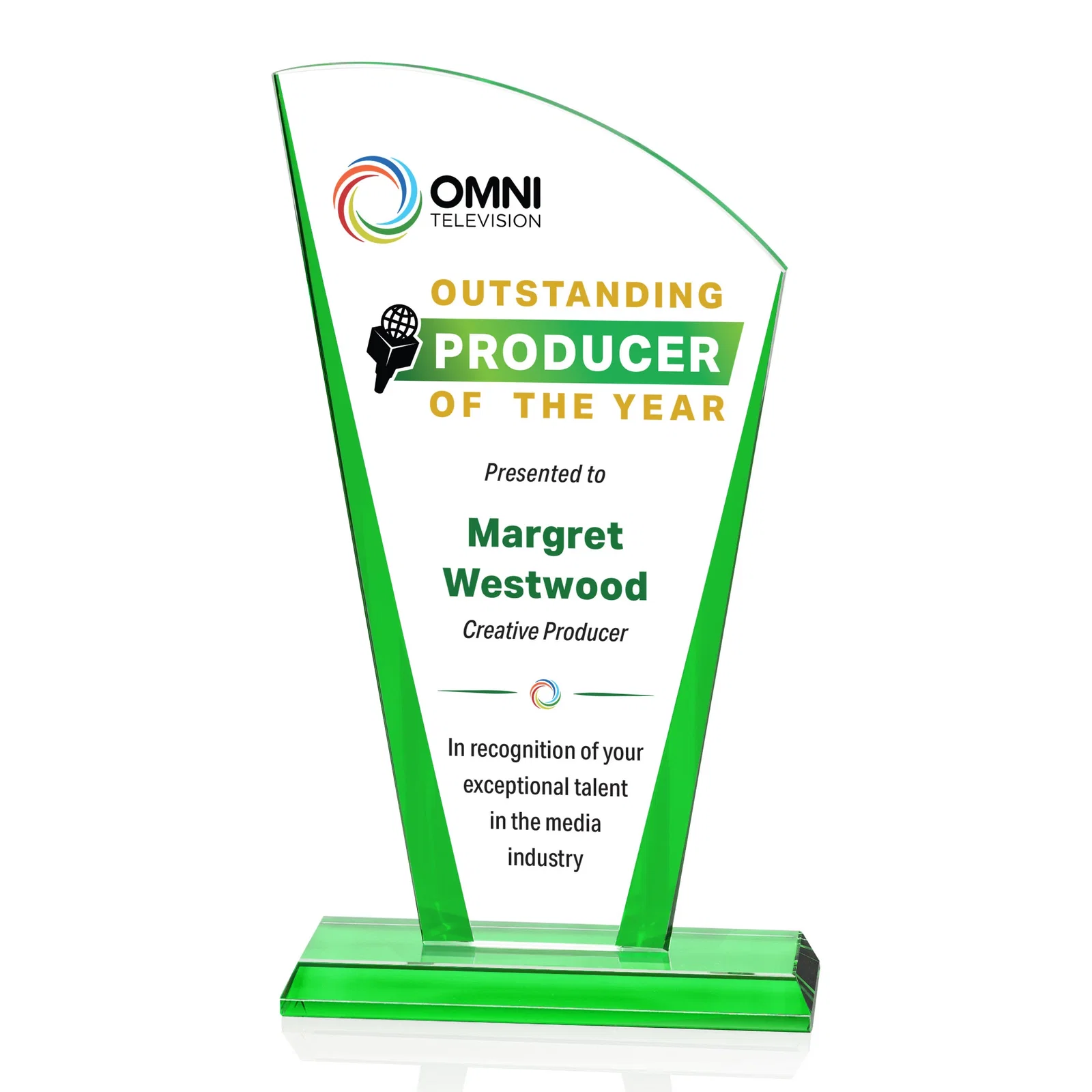 Promotional Starfire Crystal Award with Left-Peak Curved Top and Color Edges, awards for employee recognition