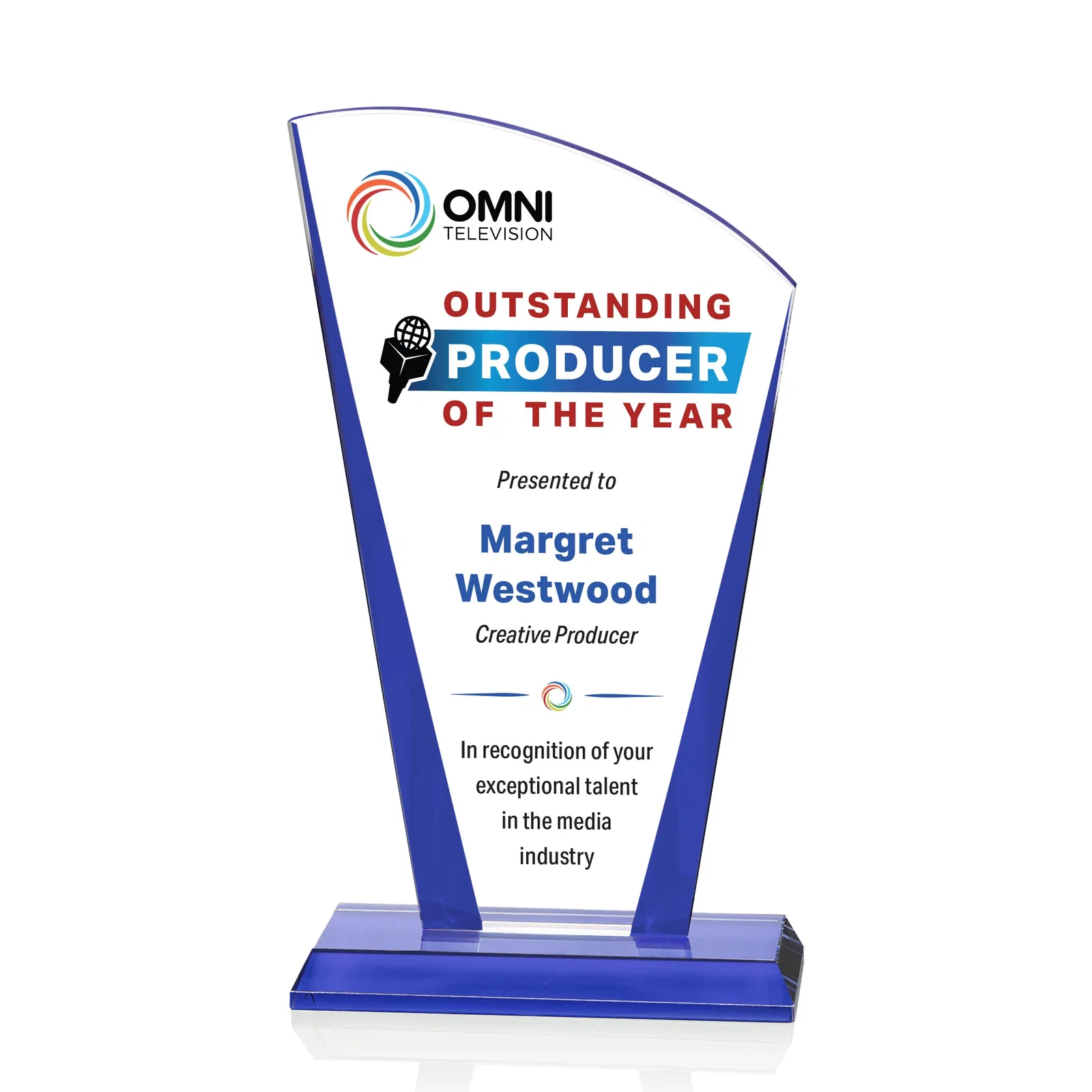 Promotional Starfire Crystal Award with Left-Peak Curved Top and Color Edges, awards for sales achievement awards