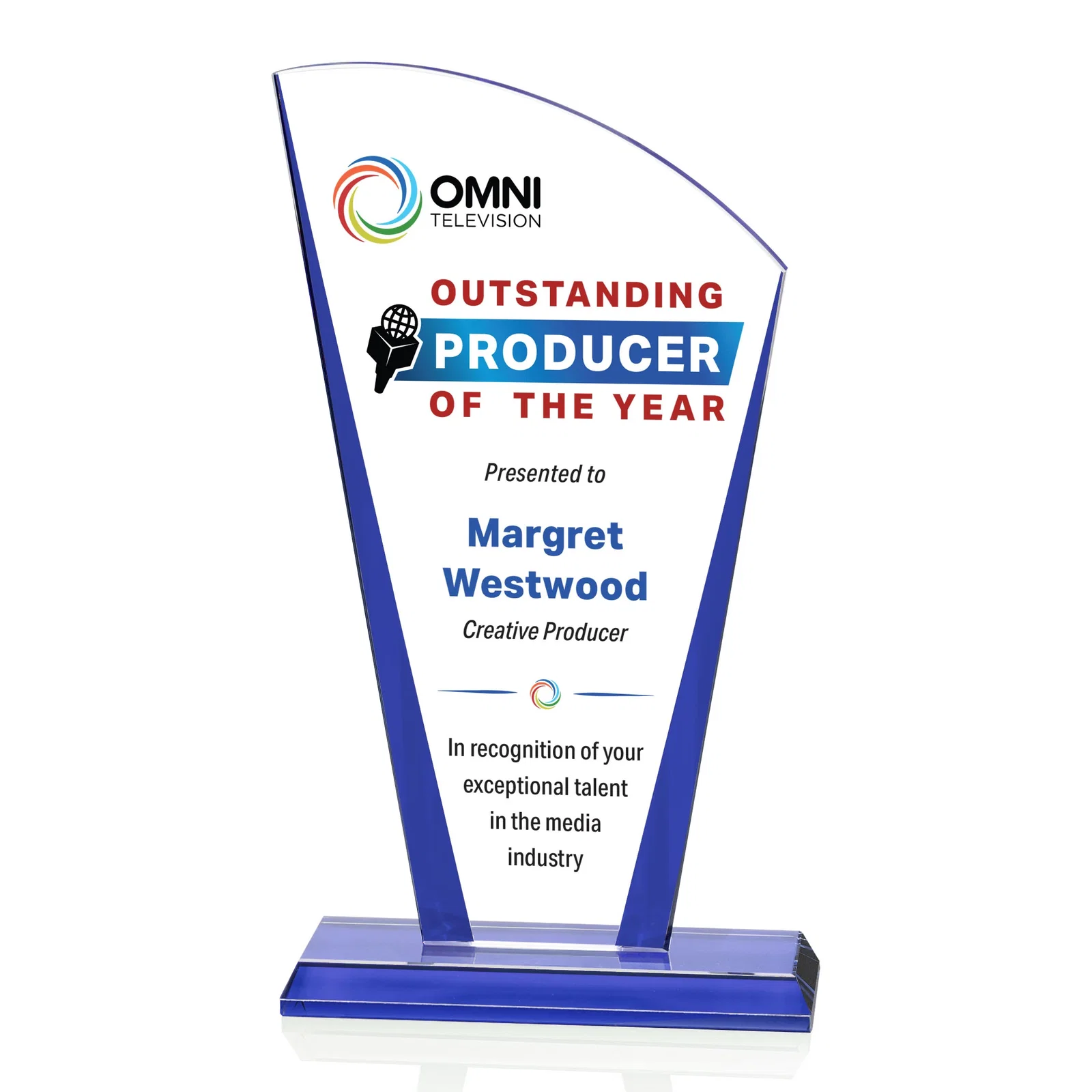 Promotional Starfire Crystal Award with Left-Peak Curved Top and Color Edges, awards for retirement presentations