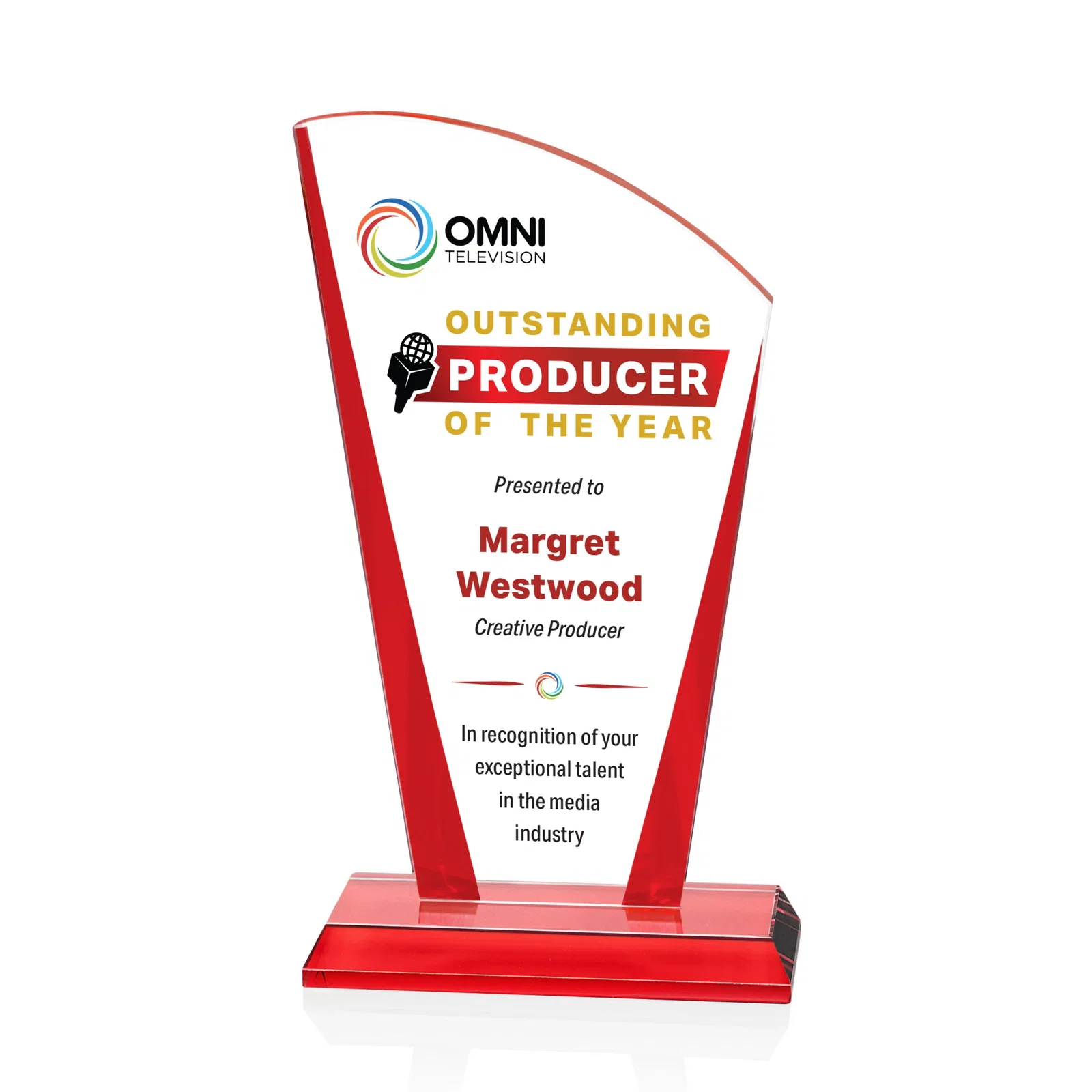 Promotional Starfire Crystal Award with Left-Peak Curved Top and Color Edges, awards for donor appreciation