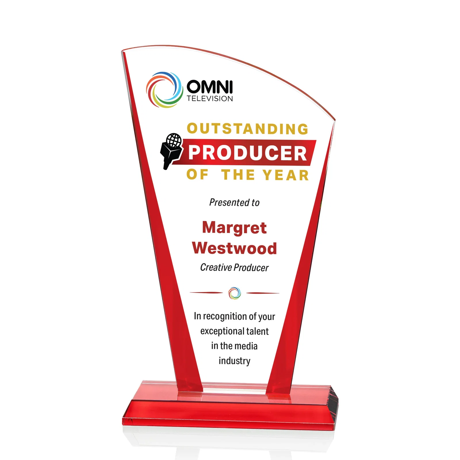 Promotional Starfire Crystal Award with Left-Peak Curved Top and Color Edges, awards for graduation ceremonies