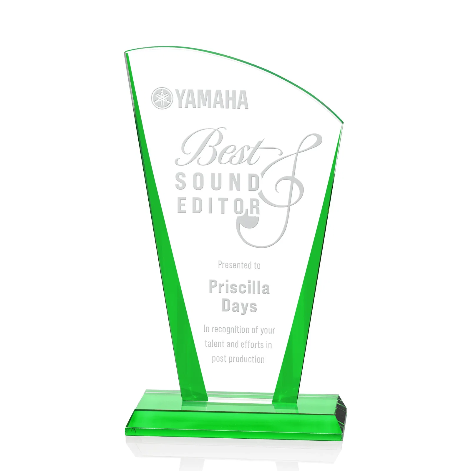 Custom Starfire Crystal Award with Left-Peak Curved Top and Color Edges, awards for donor appreciation