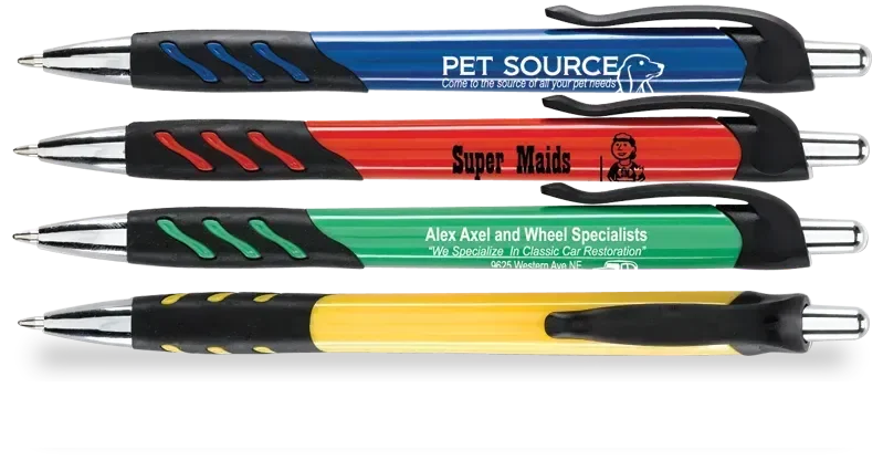 Merlin Pen plastic click pen with silver trim for trade show giveaways