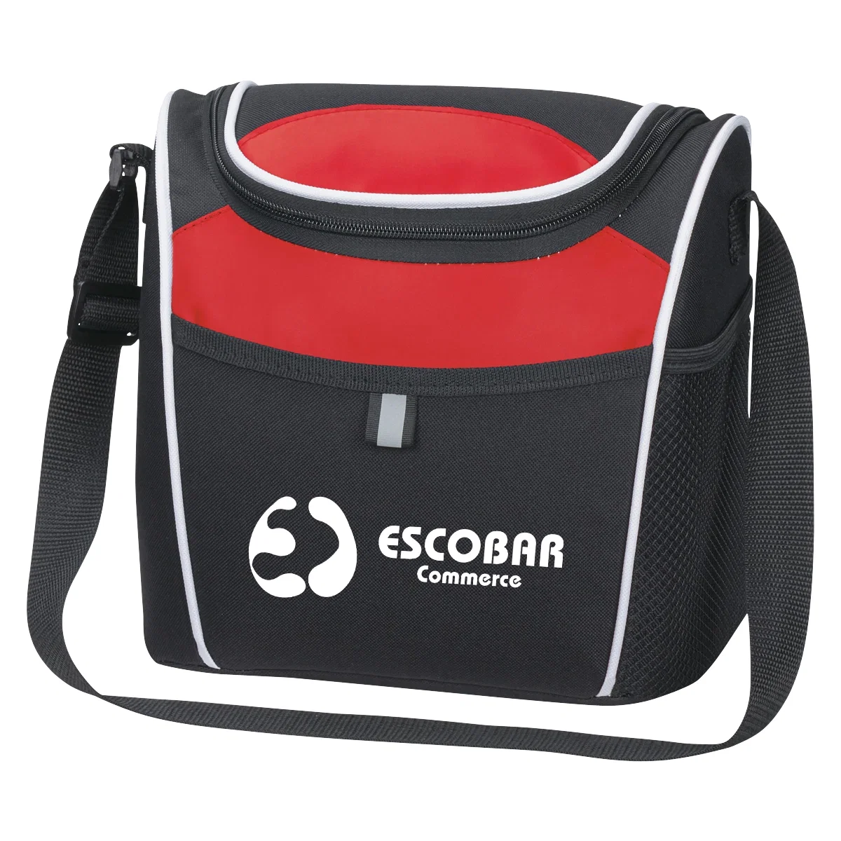 Royal blue trim framing the insulated bag