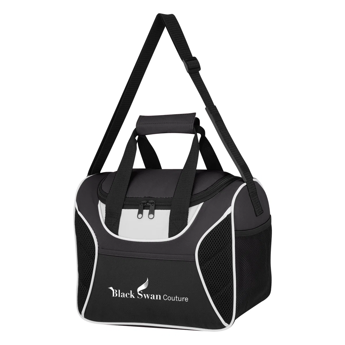 Cooler tote with mesh accent panels and a zip top