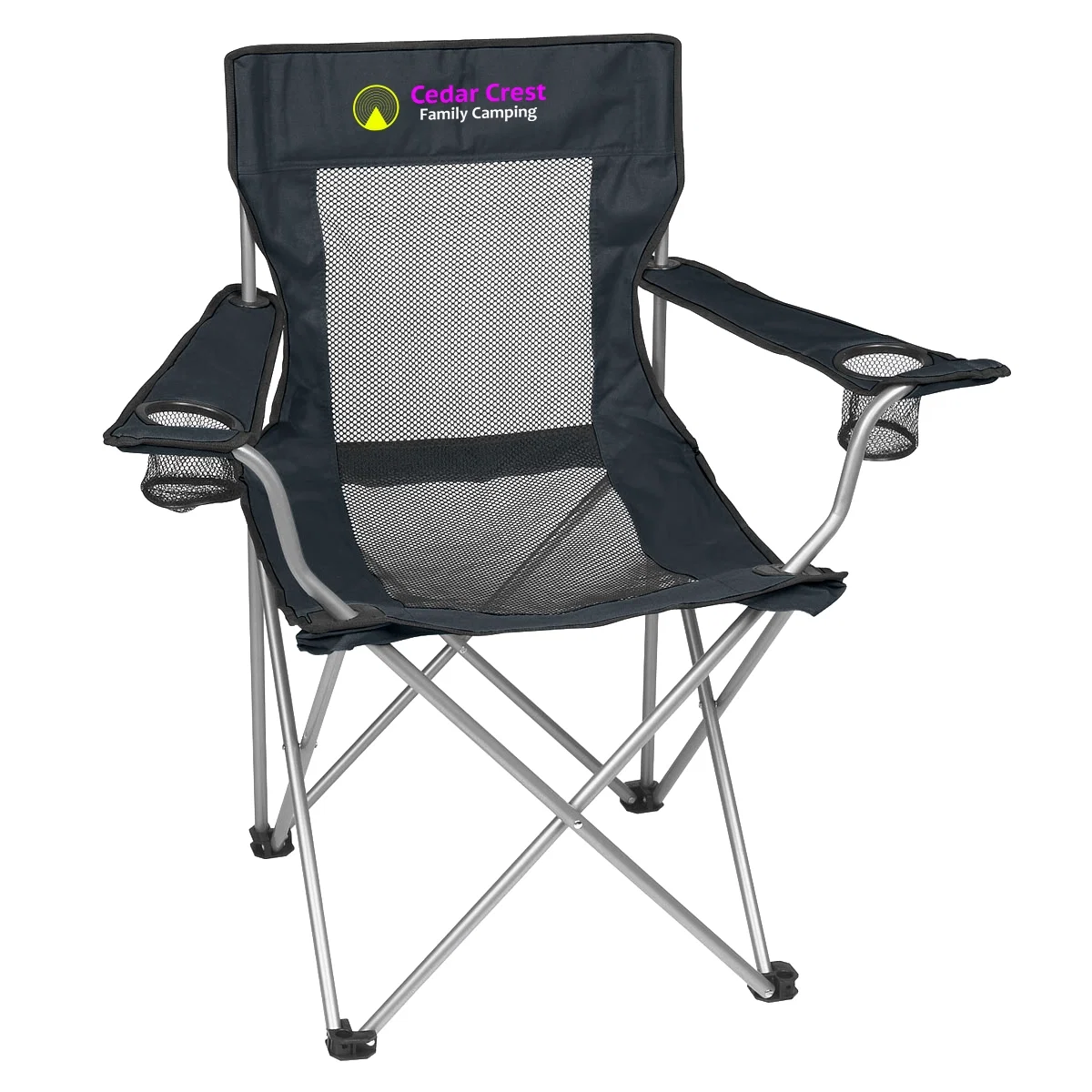 Mesh folding camp chair set up beside its matching carrying bag