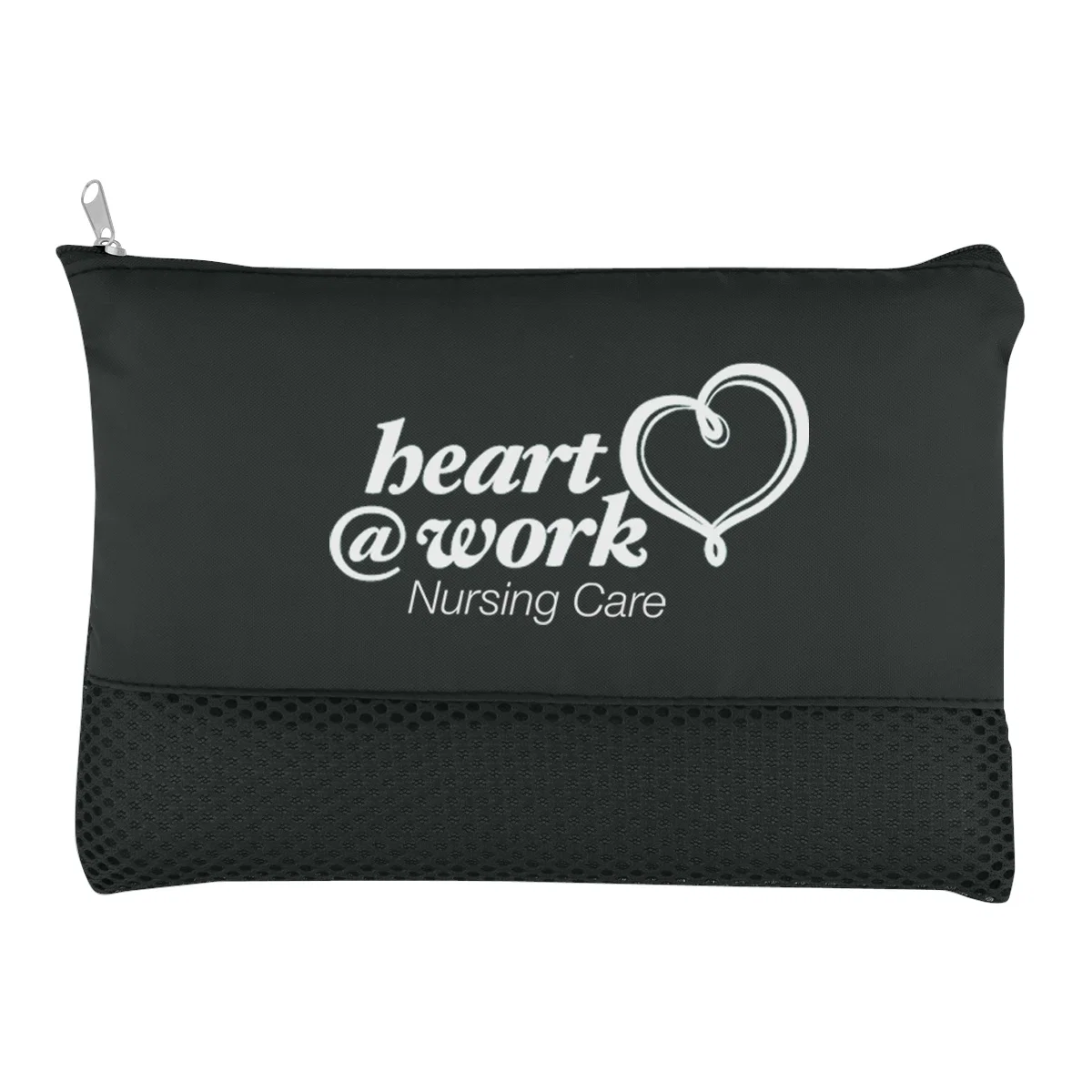 Mesh vanity bag with a zip top and solid trim