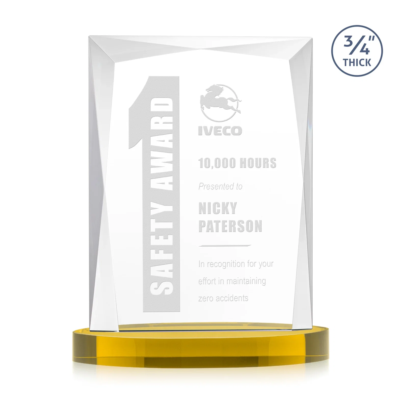 Personalized Starfire Crystal Award on an Alberton Base, awards for retirement presentations