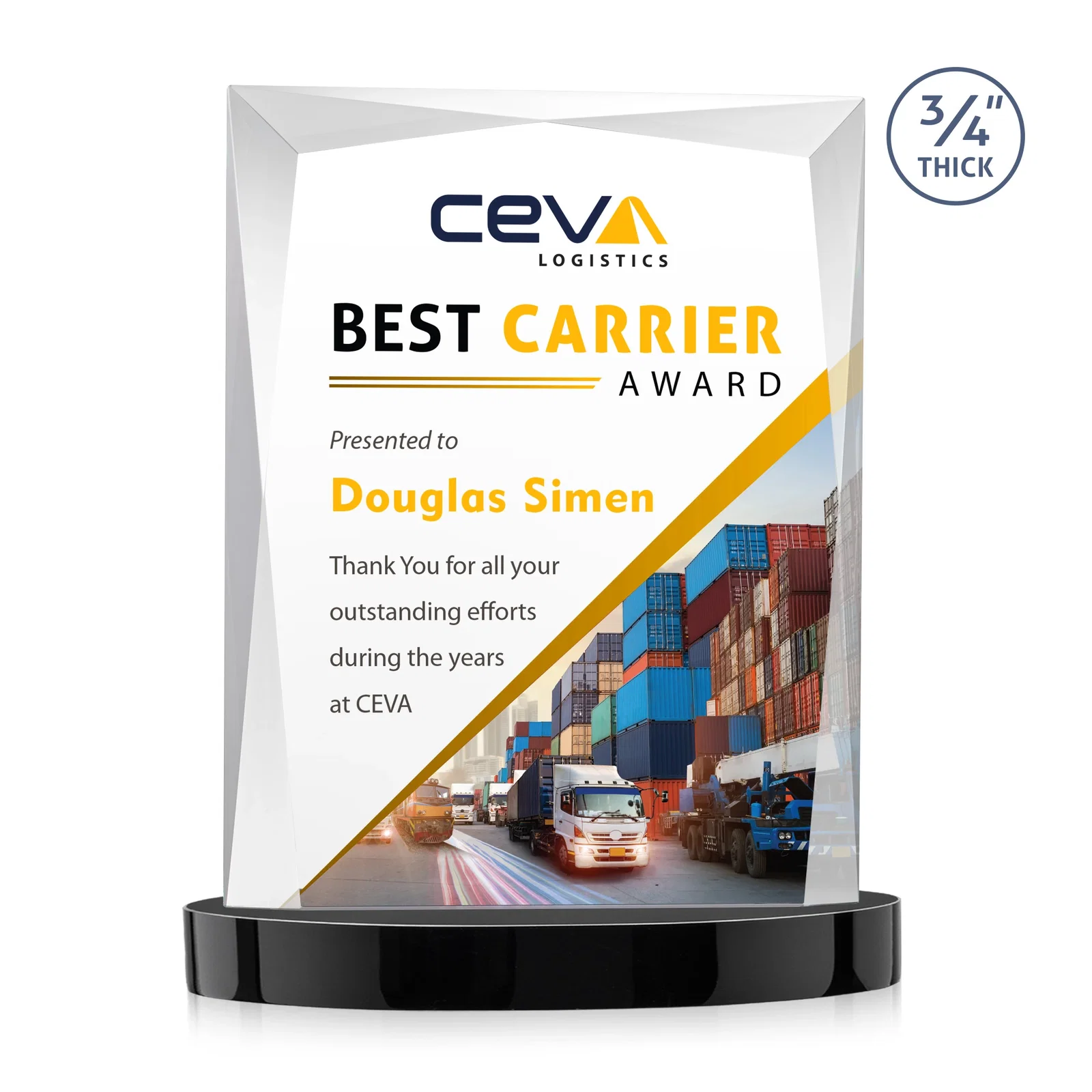 Custom engraved Starfire Crystal Award on an Alberton Base, awards for volunteer appreciation