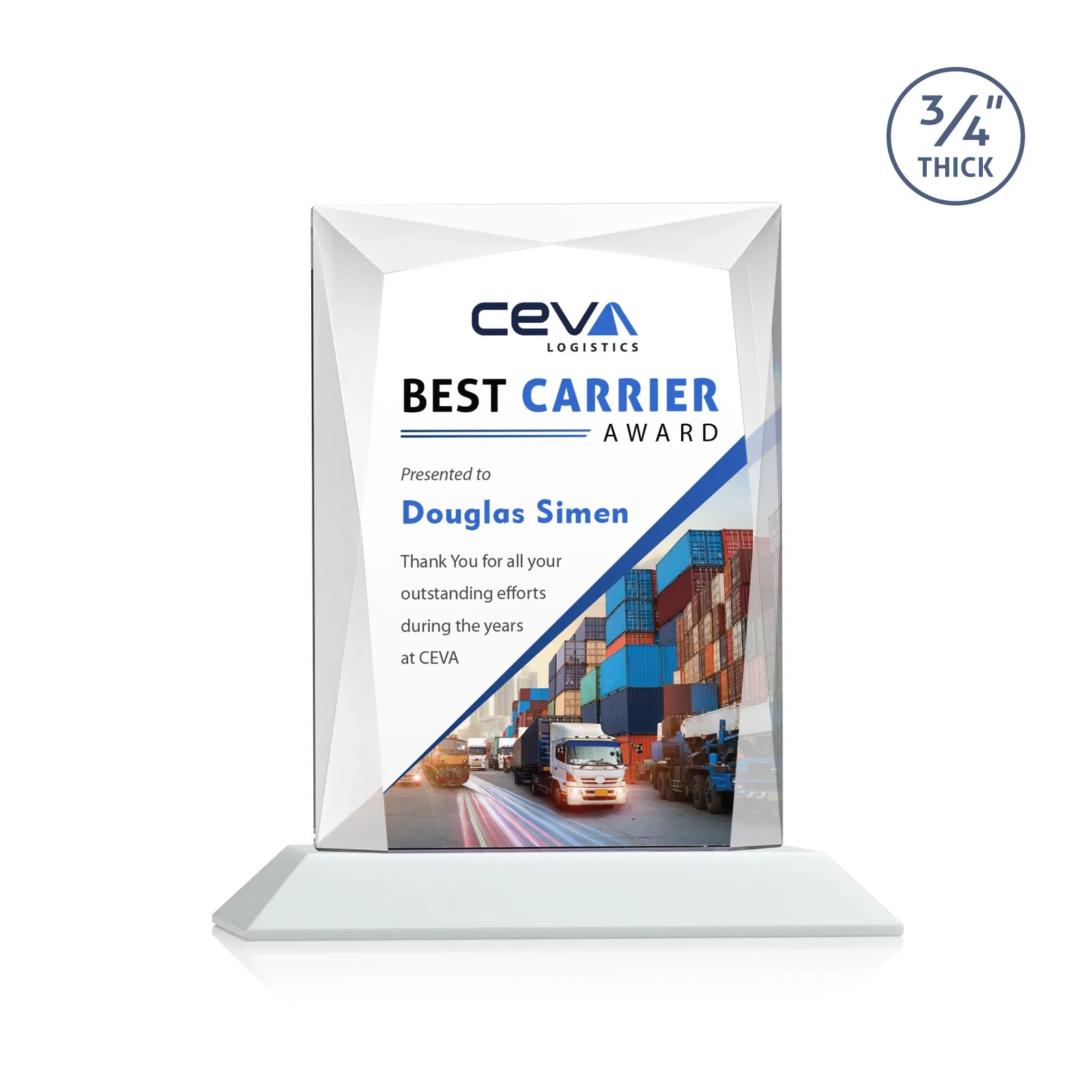 Personalized Starfire Crystal Award With Bevels Wrapping Fully Around the Edge, with your logo for company anniversary events