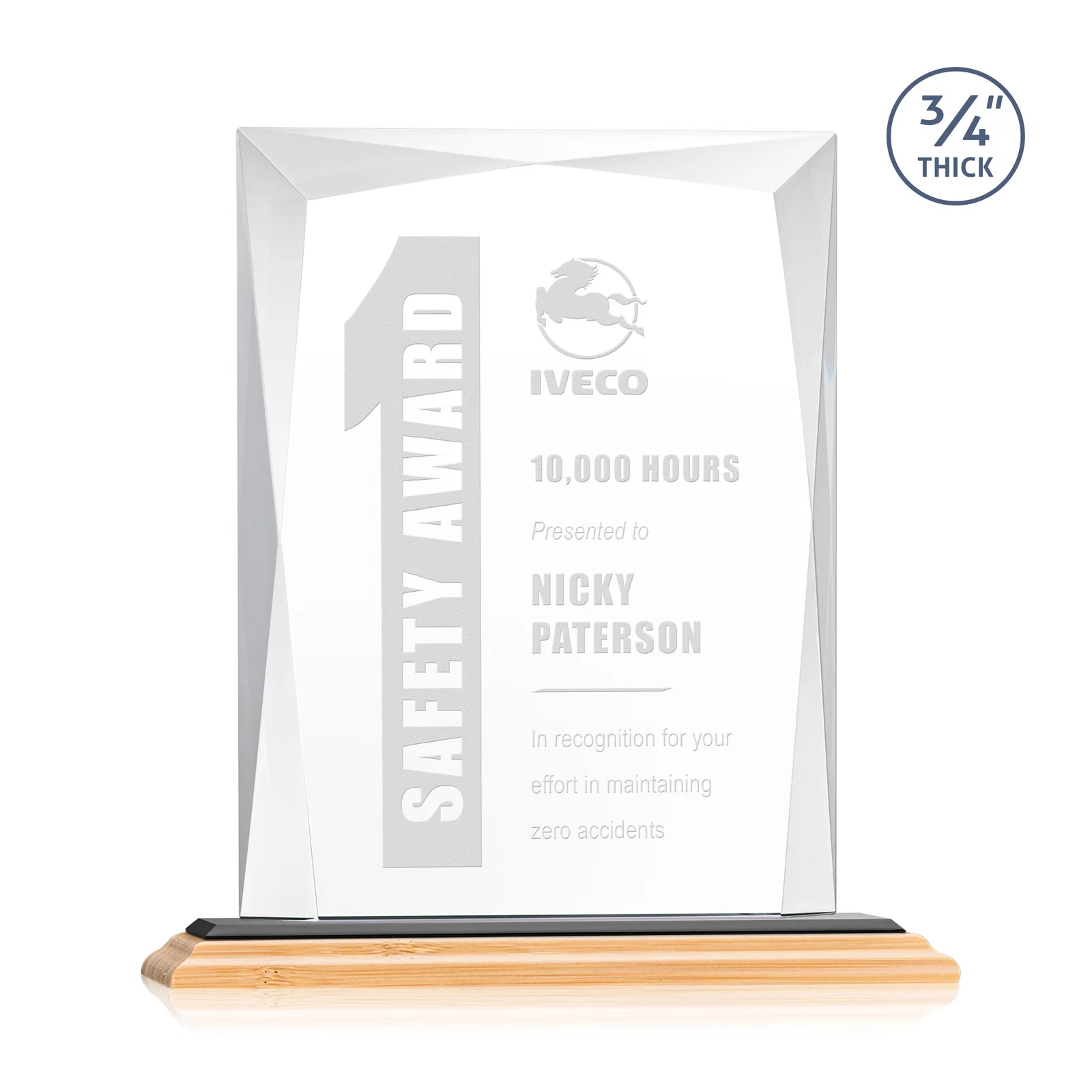 Promotional Starfire Crystal Award With Bevels Wrapping Fully Around the Edge, with your logo for safety achievement programs
