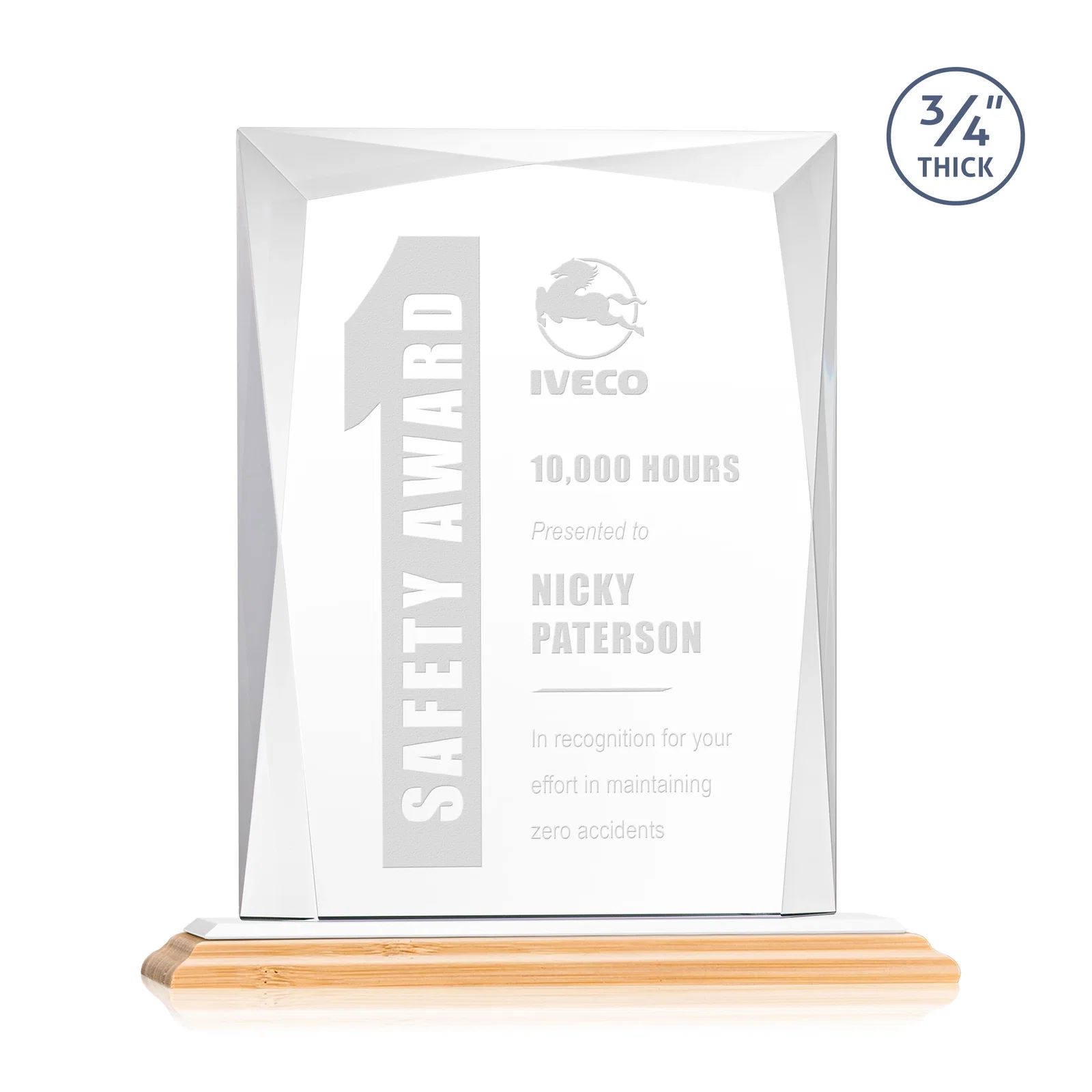 Branded Starfire Crystal Award With Bevels Wrapping Fully Around the Edge, with your logo for service anniversary gifts