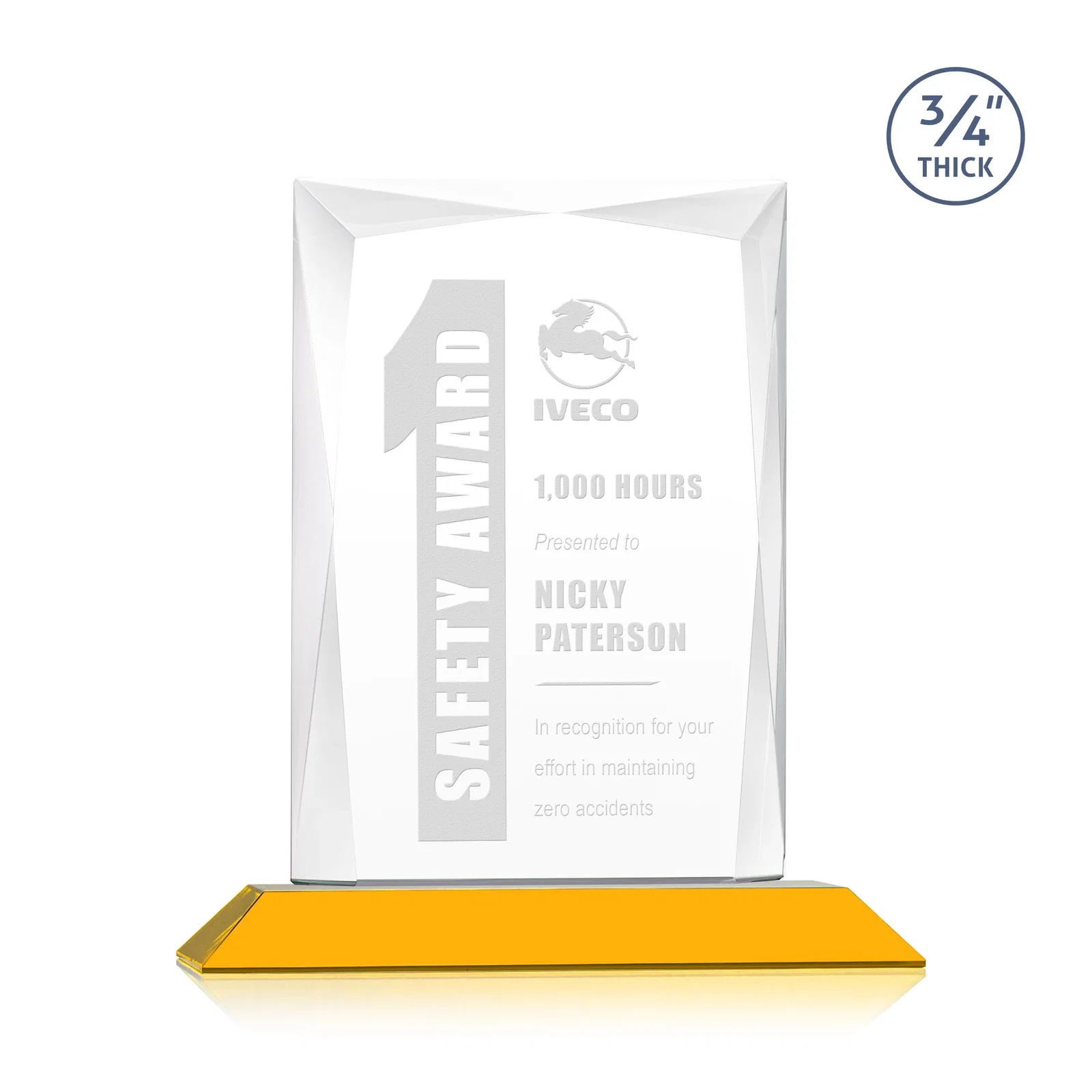 Personalized Starfire Crystal Award With Bevels Wrapping Fully Around the Edge for employee recognition