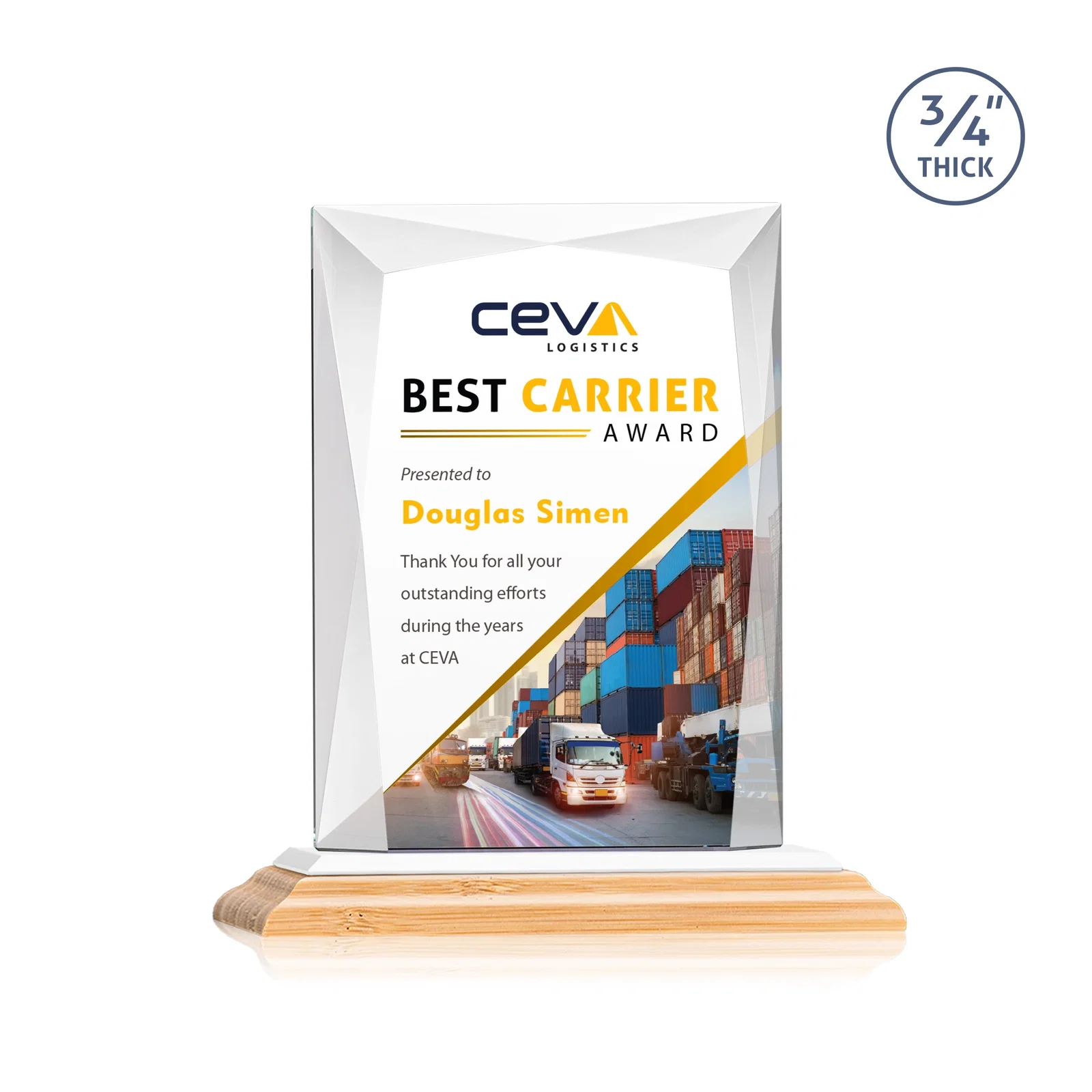 Branded Starfire Crystal Award With Bevels Wrapping Fully Around the Edge, with your logo for company anniversary events